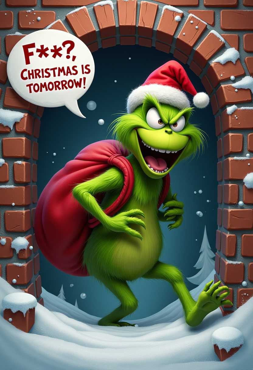 photorealistic frantic Grinch, speech bubble with 'F*@?, CHRISTMAS IS TOMORROW' Grinch in a red hat, and has a red sack over his shoulder, busting through a brick wall.