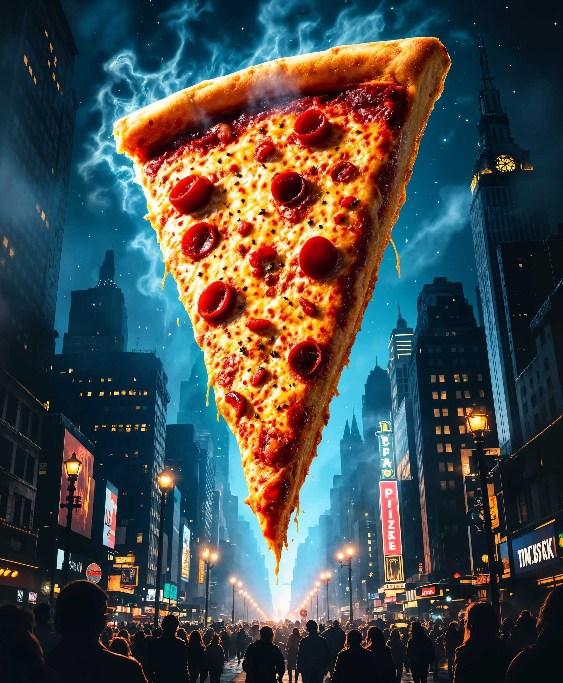 masterpiece, best quality, highres, sharp image, more detail, masterpiece, best quality, highres, sharp image, more detail, A colossal slice of New York-style pizza, towering over the cityscape of New York, depicted in the style of a 1950s kaiju film poster. **Visual Details**: The pizza slice is covered in a rich, bubbling cheese with golden, crispy edges, dotted with vibrant red pepper flakes, and a thick, glistening layer of tomato sauce; steam rises from the slice, creating an ethereal, almost dreamlike quality around it. **Color Palette**: Dominated by the warm hues of melted cheese, the bright red of the sauce, and the contrasting cool blues of the night sky. **Lighting**: The scene is lit by the neon lights of Times Square, casting a surreal glow on the pizza and the city. **Artistic Style**: Emulate the dramatic, high-contrast look of vintage movie posters, with exaggerated shadows and highlights. **Composition**: The pizza slice is in the foreground, with its tip nearly touching the camera, creating a forced perspective that makes it appear to loom over iconic New York landmarks like the Empire State Building and Statue of Liberty. **Camera Angle**: Low angle, looking up at the slice, to emphasize its overwhelming size. **Mood and Atmosphere**: A mix of terror and humor, as if the city is under attack but in a playful, fantastical manner; the night setting adds to the dramatic and mysterious atmosphere. **Technical Aspects**: Use a wide-angle lens to capture the vastness of the scene, with a shallow depth of field to blur the background buildings, focusing on the pizza slice. **Cohesion**: Ensure the pizza slice integrates seamlessly with the city, as if it's part of the environment, casting shadows and interacting with the urban landscape, creating a cohesive, believable scene despite its absurdity.