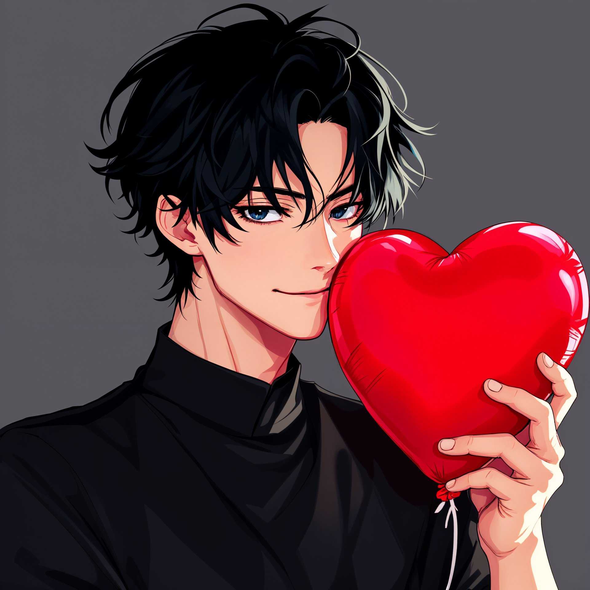 masterpiece, best quality, highres, sharp image, more detail, ```plaintext
Create an emote of Sung Jinwoo from "Solo Leveling" in a playful yet intense moment, squeezing a heart-shaped balloon. Here are the details:

**Subject**: Sung Jinwoo, a young, handsome man with black hair and piercing eyes, showcasing his characteristic intensity.

**Action**: He is squeezing a heart-shaped balloon, causing it to stretch and distort, with a slight smirk on his face, reflecting his playful yet competitive nature.

**Visual Elements**:
- **Hair**: Black, slightly disheveled, with a few strands falling over his forehead.
- **Eyes**: Sharp and focused, with a hint of mischief, the irises should be a deep shade to capture his intensity.
- **Outfit**: A simple yet stylish outfit that allows for movement, suggesting he's ready for action, with subtle hints of his shadow abilities through the design.
- **Balloon**: The heart-shaped balloon should be vibrant red, with visible tension lines as he squeezes it, making it appear almost ready to burst.

**Art Style**: 
- Anime-inspired with clean lines, vibrant colors, and exaggerated expressions to fit the emote format. Use bold outlines and a slight cel-shading effect to give depth and emphasize his features.

**Composition**: 
- Sung Jinwoo should be in a dynamic pose, slightly turned to the side, with his arms extended in a squeezing motion. The balloon should be centered, drawing the viewer's eye to the action.

**Lighting**: 
- Use dramatic lighting to highlight his face and the balloon, creating a contrast that enhances the playful yet intense atmosphere.

**Mood and Atmosphere**: 
- The mood should be light-hearted with an underlying competitive edge, typical of Jinwoo's character. The background should be minimal, perhaps with a few abstract shapes or lines suggesting movement or energy.

**Technical Aspects**: 
- Ensure the image has good contrast and color balance to make it pop as an emote. Utilize digital techniques like line weight variation for emphasis on important parts of the composition.

**Cohesion**: 
- The scene should encapsulate Sung Jinwoo's character: confident, playful, yet always ready for action, with the balloon acting as a metaphor for his control and power over his environment.
```