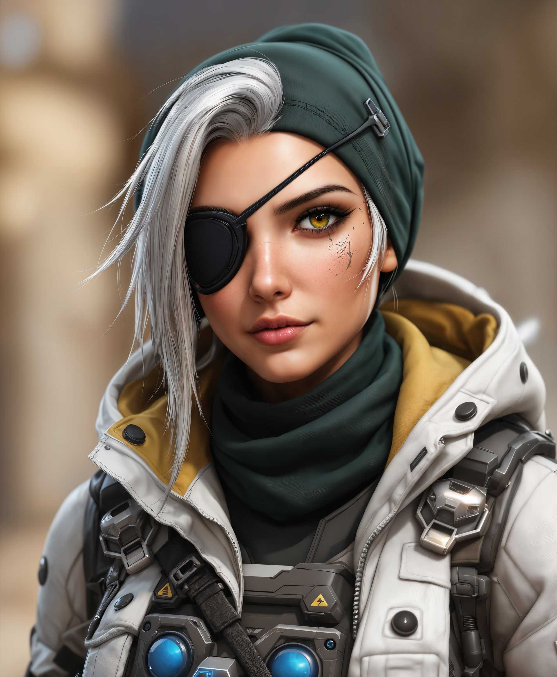 masterpiece, best quality, highres, sharp image, more detail, masterpiece, best quality, highres, sharp image, more detail, Create a high-definition portrait of Ana from "Overwatch," dressed in her iconic tactical gear:

- **Visual Details:** Ana's skin should exhibit fine details like the texture of her aging skin, the wrinkles around her eyes, her silver hair, and the intricate patterns on her outfit. Her clothing includes a dark green headscarf, a tactical vest, a white jacket with a hood, and her signature blue-and-yellow eye patch. The metal components of her gear should reflect light, showing their polished or battle-worn condition.

- **Artistic Style:** Aim for a semi-realistic style with photorealistic textures. Capture the essence of her character design, blending video game aesthetics with high-end digital art techniques to convey both her strength and wisdom.

- **Composition:** Position Ana slightly off-center, looking directly at the viewer with a confident, yet compassionate gaze. Her sniper rifle should be partially visible, hinting at her role without overshadowing her presence. Use a shallow depth of field to focus on her face, with the background slightly blurred to emphasize her as the central figure.

- **Mood and Atmosphere:** The lighting should be soft and directional, casting a warm glow that highlights her facial features, giving her an almost heroic aura. Set the scene during a golden hour for a dramatic, yet serene atmosphere. The background could suggest a military or urban setting, aligning with her Overwatch lore.

- **Technical Aspects:** Utilize techniques like rim lighting to separate her from the background, and consider a lens flare effect for added drama. Implement a high dynamic range to showcase both the bright highlights and deep shadows, enhancing the realism of the portrait.

- **Cohesion:** Ensure that all elements, from her attire to her expression and the environment, convey her backstory as a seasoned soldier and a nurturing figure, creating a portrait that tells a story of resilience, experience, and compassion.