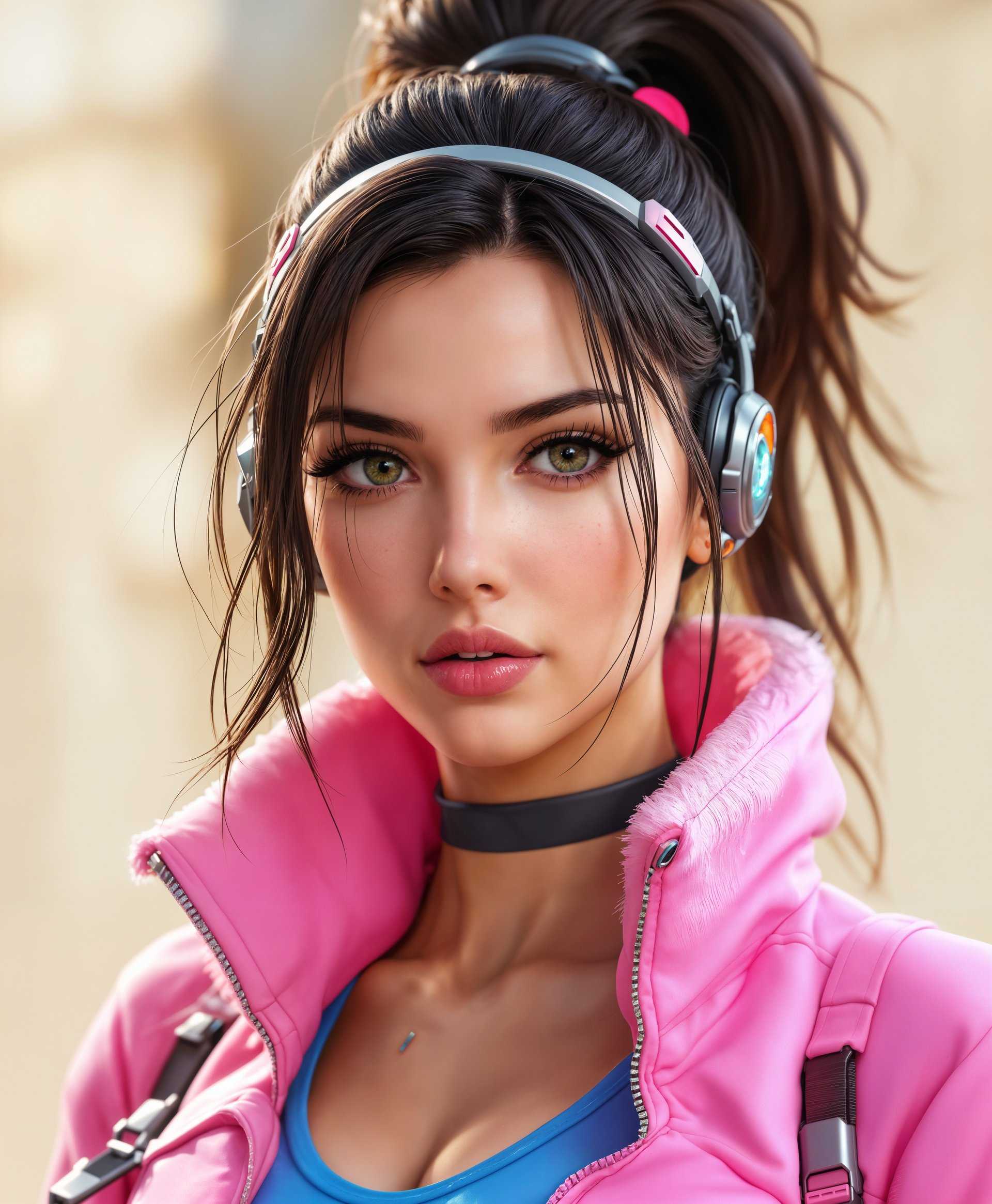 masterpiece, best quality, highres, sharp image, more detail, masterpiece, best quality, highres, sharp image, more detail, A high-definition, ultra-realistic portrait of D.Va from "Overwatch," showcasing her in her iconic, vibrant gamer attire with a focus on **textured detail**: the sleek contours of her headband, the reflective surface of her visor, and the soft, plush material of her pink jacket with crisp, clean lines. Her hair should be styled in a high, gravity-defying ponytail, with individual strands catching light to enhance depth. 

**Artistic Style**: Capture her essence in a **cyberpunk** aesthetic, reminiscent of futuristic urban landscapes, with a touch of **hyper-realism** in the rendering of her facial features, capturing every minute detail like skin pores, freckles, and the subtle gloss of her lips. 

**Lighting**: Employ **three-point lighting** with a key light slightly to the side to accentuate her facial structure, a fill light to soften shadows, and a backlight to separate her from the background, creating a halo effect around her silhouette. 

**Composition**: Center D.Va in a **medium close-up** with a **shallow depth of field** to isolate her against a **blurred, neon-lit cityscape** backdrop, suggesting her virtual battleground. Her pose should exude confidence and readiness, with a slight tilt of the head and a playful, challenging expression.

**Mood and Atmosphere**: The image should evoke a sense of **high-energy**, **youthful exuberance**, and **cybernetic prowess**, with the atmosphere hinting at the excitement of a virtual battleground, possibly with subtle visual effects like glowing lines or floating data particles to emphasize her digital origin.

**Technical Aspects**: Utilize **high dynamic range imaging (HDRI)** to achieve vivid colors and contrast, ensuring her mech suit elements in the background are visible but not overpowering. The image should be **8K resolution** to capture the finest details in her costume, facial expressions, and the environment.