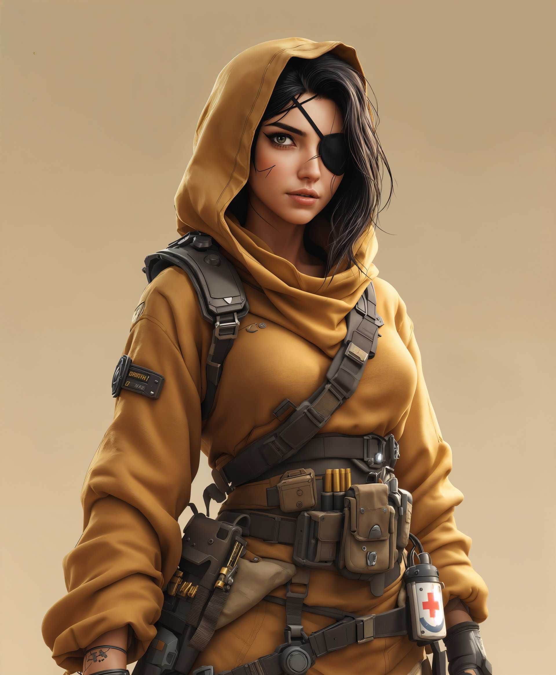 masterpiece, best quality, highres, sharp image, more detail, masterpiece, best quality, highres, sharp image, more detail, Create a full-body, high-definition portrait of Ana from "Overwatch," capturing her iconic mercenary aesthetic:

- **Character**: Ana, with her distinctive eye patch, cybernetic enhancements, and a look of seasoned experience. Her posture conveys both readiness and a hint of weariness.

- **Clothing**: Faithfully replicate her traditional Egyptian-inspired attire, featuring a tan-colored outfit with a hood, complemented by her utility belt, and the tactical gear that signifies her role as a sniper. The fabric should appear weathered yet functional, with visible signs of wear and tear.

- **Details**: Focus on the intricate details of her gear - the sniper rifle should be slung over her shoulder, with bullets and a small first-aid kit attached to her belt. Her left eye, replaced with a cybernetic enhancement, should glow subtly.

- **Lighting**: Use soft, directional lighting to highlight her facial features, casting shadows that emphasize her age and the lines of her life. The light should catch the metallic parts of her equipment, giving them a slight reflective quality.

- **Background**: Place her against a backdrop that suggests a post-battle scene, perhaps with the ruins of a building or a strategic vantage point she might use for sniping. The environment should be muted, allowing Ana to stand out as the focal point.

- **Style**: Aim for photorealism with a touch of game-inspired stylization to keep her character recognizable. The image should evoke a sense of realism akin to high-quality game concept art or a promotional still.

- **Composition**: Position Ana centrally, looking slightly off-camera, as if she's just noticed something in the distance. Her body should be angled slightly to show depth, with her feet firmly planted, suggesting stability and readiness.

- **Mood and Atmosphere**: The atmosphere should be tense yet calm, with a hint of nostalgia. The lighting and background should contribute to a feeling of late afternoon or early evening, where the light is waning, casting long shadows and giving the scene a contemplative mood.

- **Technical Aspects**: Employ techniques like depth of field to blur the background slightly, focusing attention on Ana. Use HDRI techniques to achieve high dynamic range lighting, ensuring the details are crisp and the colors are vibrant yet realistic.