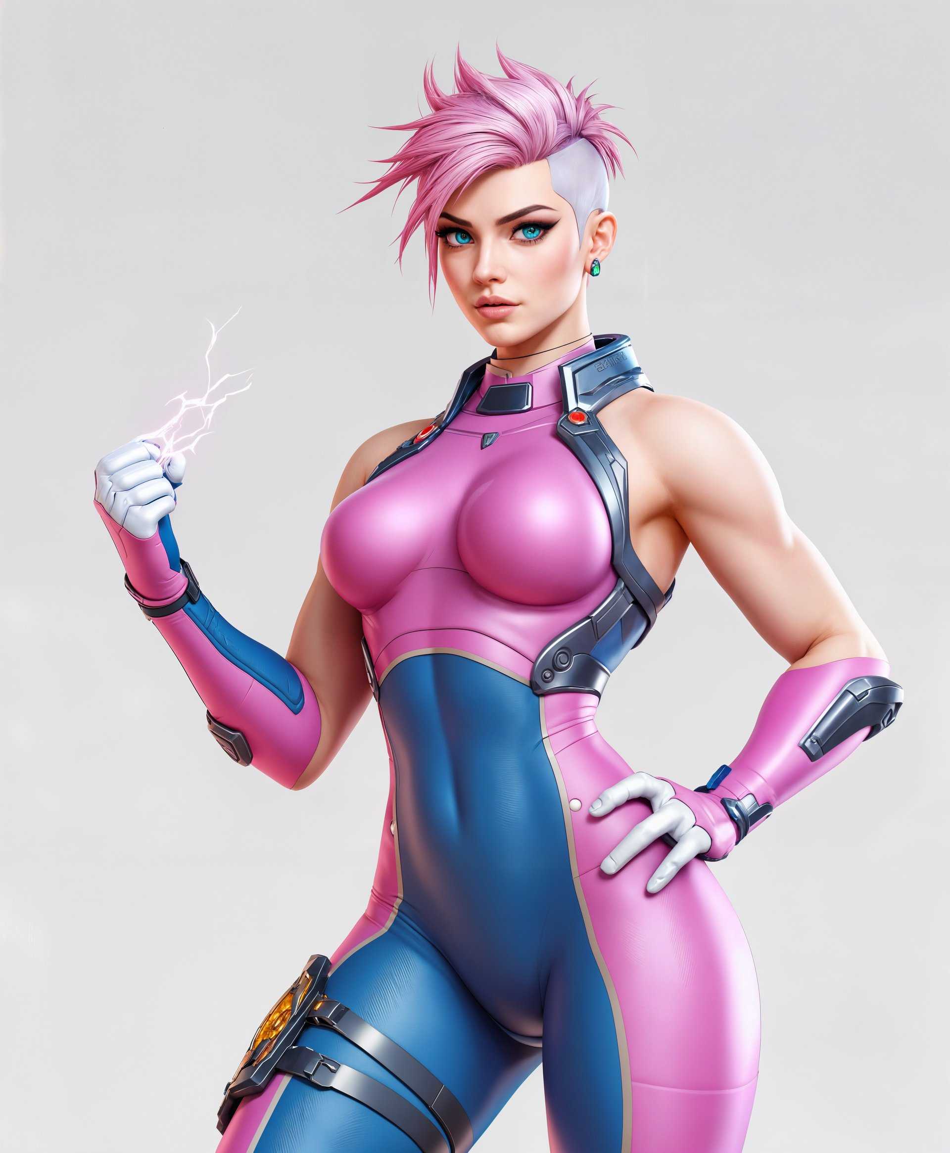 masterpiece, best quality, highres, sharp image, more detail, masterpiece, best quality, highres, sharp image, more detail, **Subject:** Zarya from Overwatch, full body portrait

**Visual Details:** 
- **Costume:** Her iconic pink and blue bodysuit with metallic armor accents, showcasing her muscular build. 
- **Hair:** Short, stylishly cut pink hair with highlights that catch the light.
- **Eyes:** Bright, piercing blue, reflecting determination and strength.
- **Skin:** Fair, with a healthy glow, slightly flushed cheeks from exertion.
- **Weapons:** Her particle cannon, depicted in high detail, with energy pulsating through it.

**Style:** 
- **Artistic Style:** Realistic 3D rendering with hyper-detailed textures, reminiscent of top-tier video game graphics.
- **Lighting:** Dynamic lighting to highlight muscle definition and the reflective surfaces of her gear.

**Composition:** 
- **Pose:** Zarya in a dynamic, battle-ready stance, one arm flexed to show off her strength, the other holding her cannon.
- **Camera Angle:** Low angle shot to emphasize her imposing presence, with her looking slightly down at the viewer.
- **Framing:** Full body shot, with just enough space around her to suggest an arena or battlefield.

**Mood and Atmosphere:** 
- **Mood:** Energetic, powerful, and confident, with a sense of imminent action.
- **Time of Day:** Midday, with strong sunlight casting dramatic shadows, enhancing her silhouette.
- **Weather:** Clear skies, suggesting a day of peak performance.

**Technical Aspects:** 
- **Focus:** Sharp focus on Zarya, with a shallow depth of field to blur out the background.
- **Color Palette:** Vibrant and saturated, with emphasis on pink, blue, and silver hues.
- **Resolution:** Ultra-high definition, capturing every detail from the weave of her suit to the texture of her skin.

**Cohesion:** 
- The image should capture Zarya in her element, showcasing not just her physical prowess but also her character's essence, ready for battle, with an aura of strength and determination.