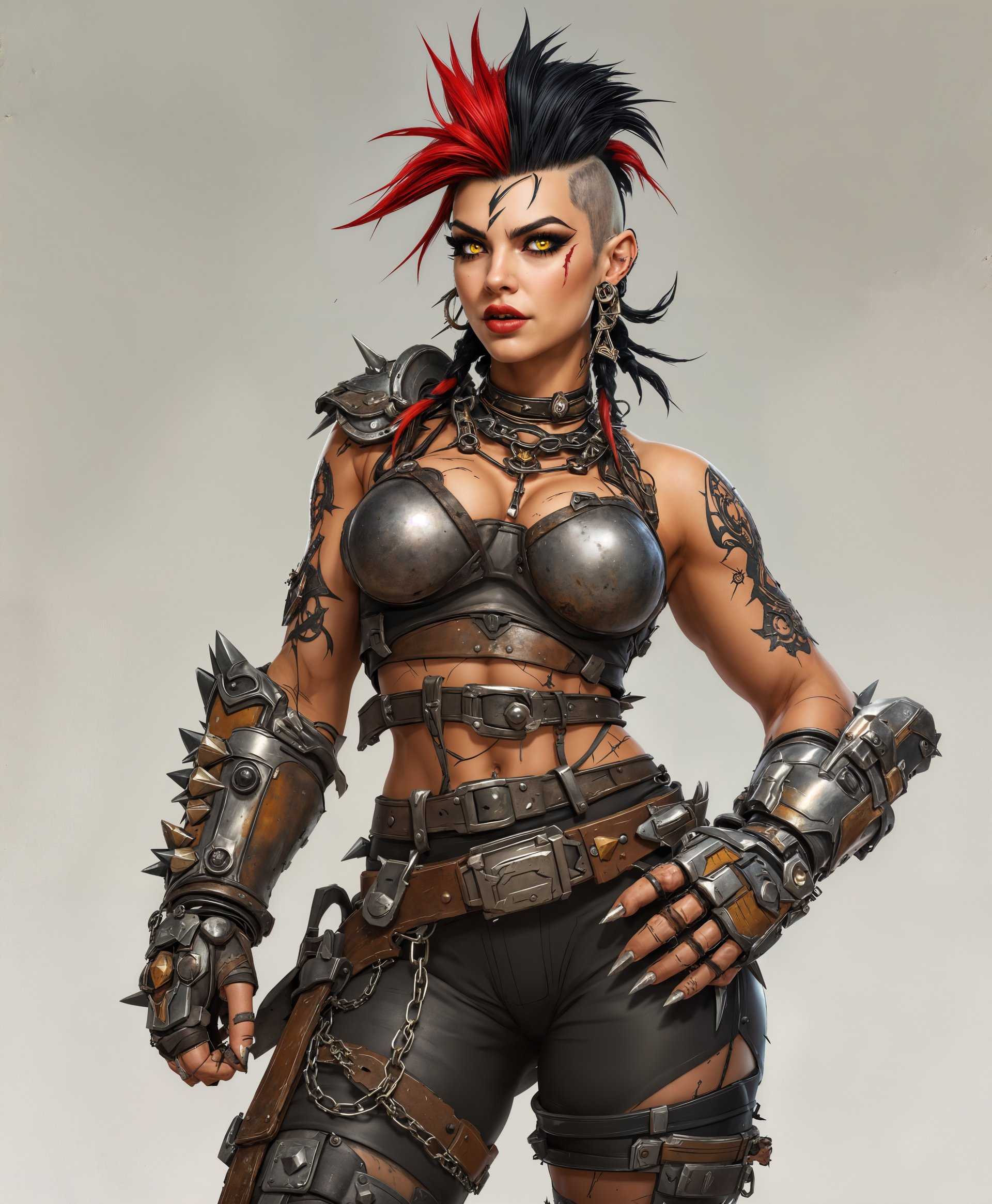 masterpiece, best quality, highres, sharp image, more detail, masterpiece, best quality, highres, sharp image, more detail, A high-definition, full-body portrait of Junker Queen from Overwatch, showcasing her unique and rugged style:

- **Subject**: Junker Queen, standing in a dominant pose, her muscular physique emphasized, showcasing her battle scars and tattoos.
  
- **Clothing**: Her outfit includes distressed leathers, metal armor plates with a mix of rust and polished steel, adorned with spikes and chains. Her gauntlet with the built-in shotgun is prominently displayed. The attire should reflect post-apocalyptic fashion with a punk edge.

- **Details**: 
    - **Face**: Fierce expression, bright, intense eyes, and her signature mohawk, colored with vibrant streaks of red and black.
    - **Hair**: Mohawk with braids, loose strands framing her face, adding to her wild, untamed look.
    - **Accessories**: Multiple piercings, including nose, ears, and eyebrow, along with a necklace made from metal scraps and teeth.
    - **Weaponry**: The shotgun gauntlet, a large axe, and various smaller blades and tools hanging from her belt.

- **Lighting**: Harsh, directional lighting that highlights her features and creates dramatic shadows, enhancing her intimidating presence. 

- **Background**: A desolate wasteland, with remnants of civilization like rusted vehicles, scrap metal, and distant fires, creating a post-apocalyptic Australian outback feel.

- **Composition**: Shot from a slightly low angle to make Junker Queen appear more imposing, with her centered in the frame, her body slightly turned to show off her outfit from multiple angles.

- **Mood**: An atmosphere of defiance, survival, and raw power; the scene should evoke a sense of the harsh, unforgiving environment she thrives in.

- **Technical Aspects**: High contrast, sharp focus on Junker Queen to make her pop against the blurred, gritty background. Use a shallow depth of field to isolate her from the chaotic environment.

- **Artistic Style**: Inspired by dystopian fantasy art, with a touch of punk and steampunk influences, capturing the essence of Overwatch's unique character design.