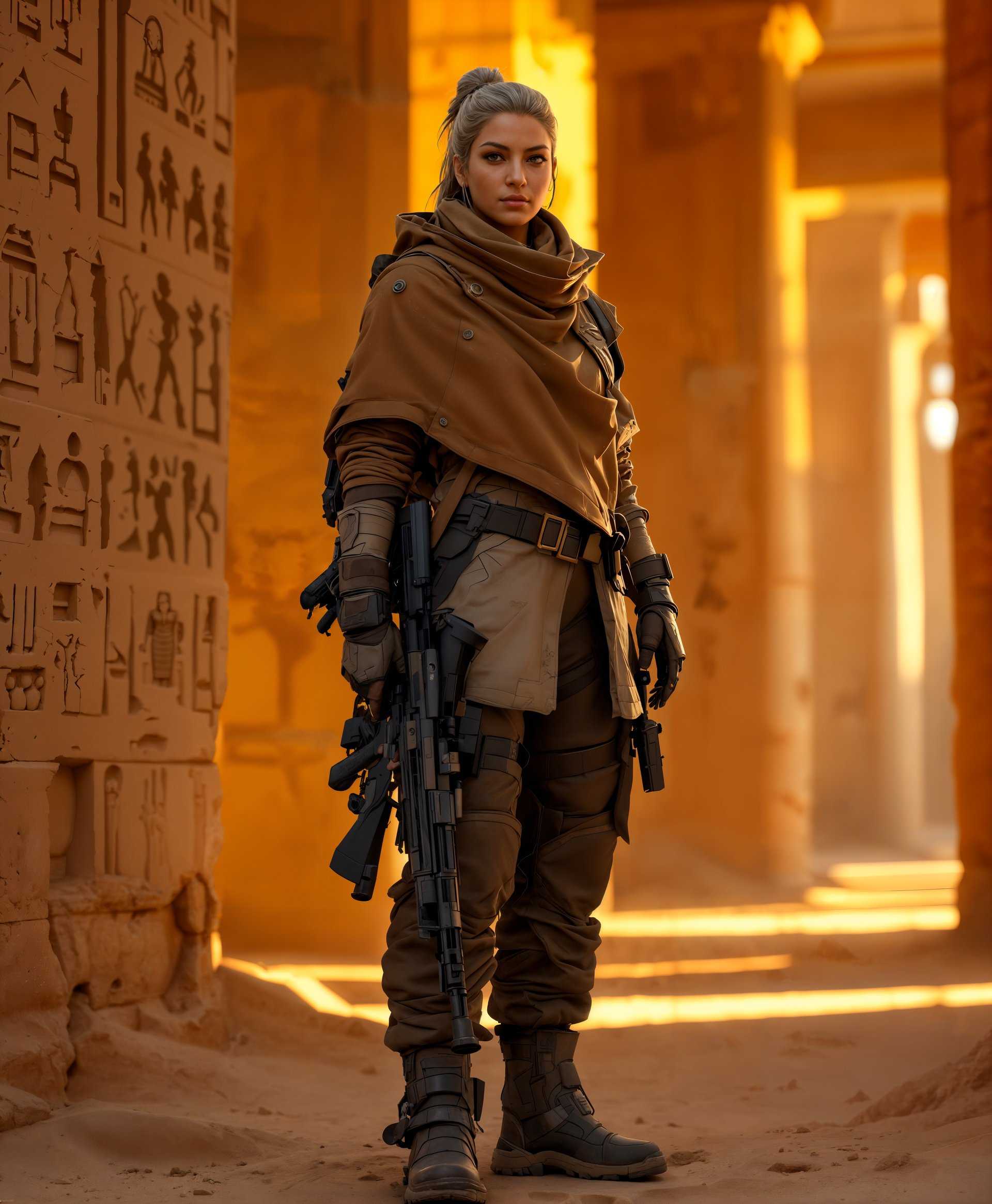 masterpiece, best quality, highres, sharp image, more detail, masterpiece, best quality, highres, sharp image, more detail, **Full Body Detailed High Definition Portrait of Ana from Overwatch in Egypt**

- **Subject**: Ana, the sniper from Overwatch, in her iconic outfit with a relaxed yet alert pose. She should have a determined look in her eyes, with fine wrinkles around them, reflecting her age and experience.

- **Setting**: The backdrop is an ancient Egyptian temple at dusk. The temple's sandstone walls are bathed in the warm, golden light of the setting sun, casting long shadows and creating a dramatic contrast.

- **Visual Details**: 
  - **Ana**: Her outfit should be detailed with realistic textures; her jacket with leather-like quality, her pants with tactical fabric, and her boots with scuff marks. Her sniper rifle, positioned as if ready for action, should show signs of use with scratches and wear.
  - **Environment**: The temple features hieroglyphs that are partially worn away by time. Sand from the desert has crept into the scene, covering parts of the floor and walls. 

- **Artistic Style**: 
  - The image should mimic the high-detail, realistic approach of digital painting with influences from photorealistic art. The style should capture the essence of Ana's character while integrating the historical and cultural elements of Egypt.

- **Lighting and Atmosphere**: 
  - The scene is illuminated by the golden hour light, which casts a warm glow over the entire scene. The shadows are long, and the light should highlight Ana's features, emphasizing her strong cheekbones and the lines on her face. The atmosphere is serene yet filled with the anticipation of action.

- **Composition**: 
  - Ana is positioned centrally, but slightly off-center to the left, allowing the viewer to appreciate the temple's grandeur. The camera angle is slightly low, giving her a heroic stature against the vast backdrop. The frame captures her from head to toe, ensuring her entire figure is visible, including the details of her outfit and the environment around her.

- **Technical Aspects**: 
  - Use of depth of field to focus on Ana while subtly blurring the distant parts of the temple. High dynamic range to capture the contrasts between the sunlit areas and the shadowed parts of the scene. 

- **Mood and Atmosphere**: 
  - The mood is one of quiet strength, with Ana embodying the calm before the storm. The Egyptian setting adds a timeless quality, suggesting her journey and the battles she has fought, both in Overwatch and in her imagined past.

- **Cohesion**: 
  - Every element, from Ana's detailed portrayal to