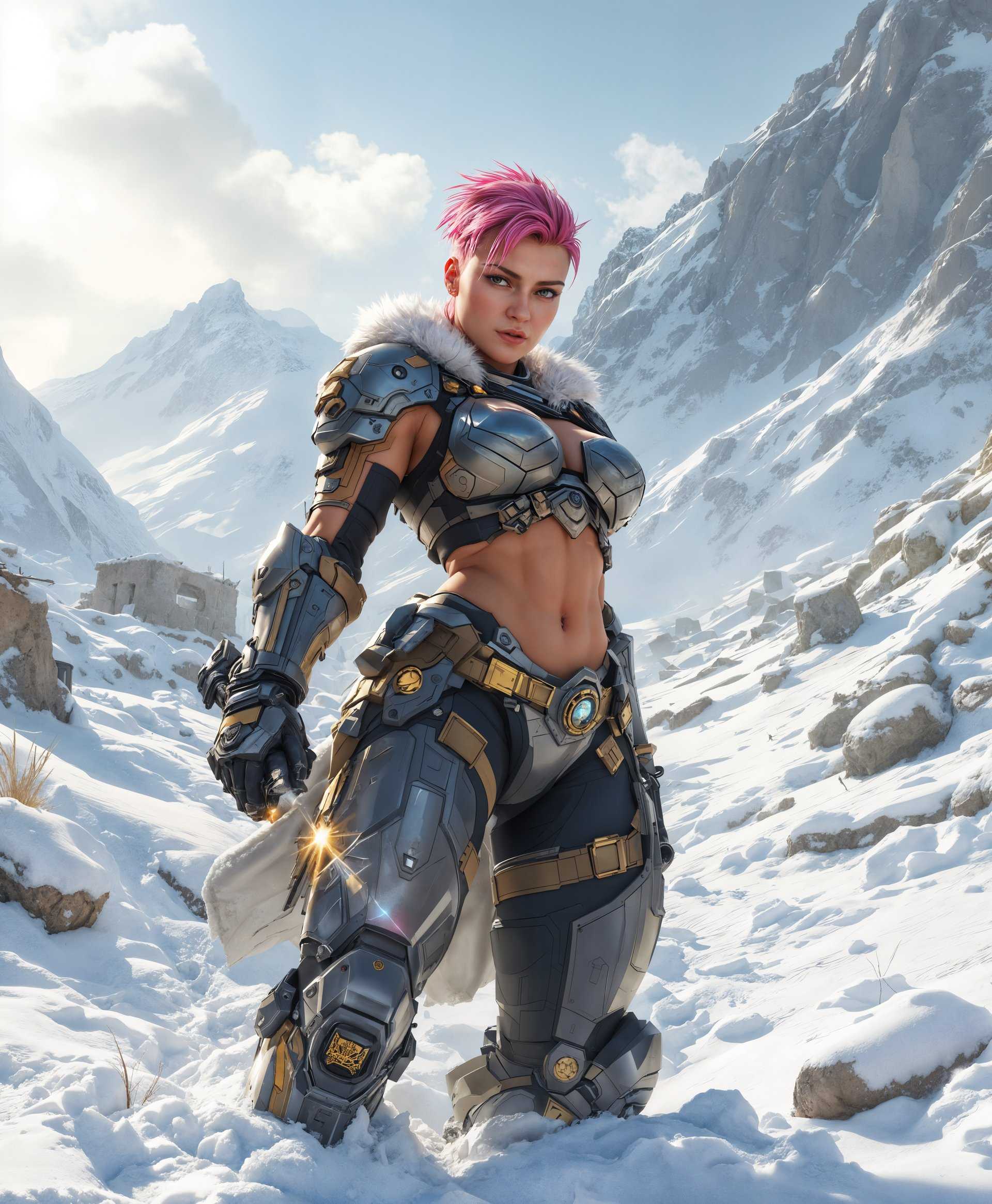 masterpiece, best quality, highres, sharp image, more detail, masterpiece, best quality, highres, sharp image, more detail, Create an ultra high-definition full-body portrait of Zarya from Overwatch, set in a rugged, icy Russian landscape. Emphasize:

- **Character Details**: Zarya's muscular physique, her iconic pink hair, and the intricate design of her particle cannon, with attention to the metal textures, light reflections, and the fine details of her suit's armor plating.

- **Environment**: A snowy, mountainous backdrop with harsh winter light casting dramatic shadows. The scene should include elements like old Soviet architecture or military remnants partially covered by snow, adding depth and historical context.

- **Lighting**: Use stark, natural light to highlight Zarya's form, with shadows accentuating her strength. A slight lens flare from the sun could enhance the realism.

- **Composition**: Position Zarya in a heroic pose, perhaps with one arm raised, her cannon aloft, creating a dynamic leading line into the scene. The camera angle should be slightly low to make her appear larger than life.

- **Style**: Incorporate elements of Soviet-era propaganda art, mixed with modern digital painting techniques. Use a cinematic, high-contrast approach to emphasize drama.

- **Mood & Atmosphere**: Convey resilience, power, and a sense of cold, unforgiving beauty. The atmosphere should be tense, as if Zarya is preparing for battle in the freezing Russian wilderness.

- **Technical Aspects**: Utilize depth of field to blur the background slightly, focusing on Zarya. Employ high dynamic range imaging (HDRI) to capture the wide range of light and dark in the scene, enhancing the realism and the mood.

This portrait should not only capture Zarya's essence but also reflect the rugged, indomitable spirit of Russia.