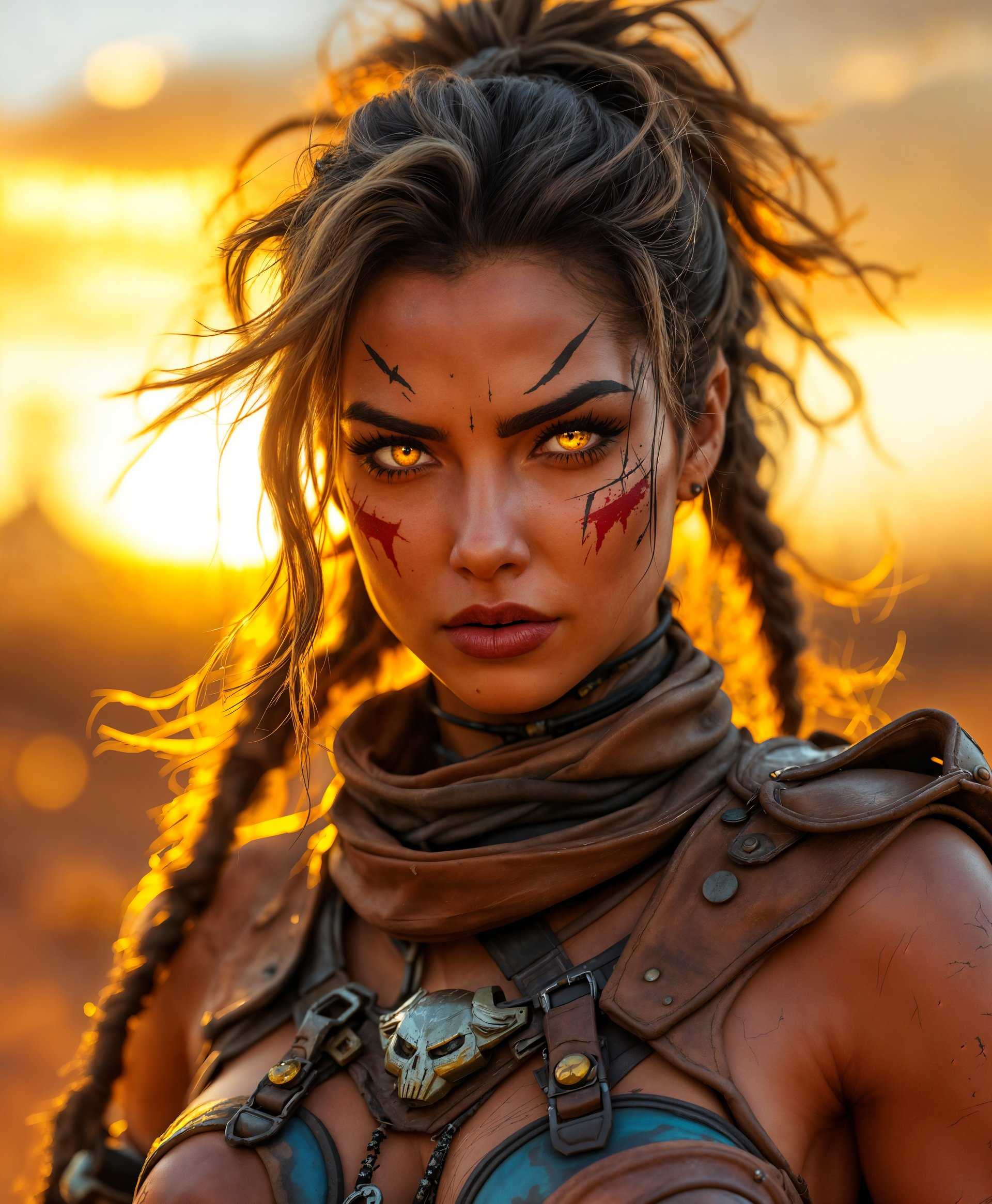 masterpiece, best quality, highres, sharp image, more detail, masterpiece, best quality, highres, sharp image, more detail, A hyper-detailed, high-definition portrait of the Junker Queen from "Overwatch," set in the rugged, post-apocalyptic landscape of Australia. The image captures her fierce, battle-ready demeanor, with her skin sun-kissed by the harsh Australian outback sun. Her hair is wild, a mix of braids and loose strands, with vibrant streaks of war paint on her face, reflecting her status as a leader. Her eyes are intense, glowing with a fire that matches the setting sun behind her, casting long shadows and highlighting the scars and tattoos that tell stories of past battles.

**Visual Details:**
- **Texture**: Her armor is visibly worn, with scratches and dents, showcasing its battle-hardened nature. The leather straps are cracked from the sun, and the metal parts have a matte finish to reduce glare in the bright Australian light.
- **Colors**: Dominant hues are the rusty reds and browns of the outback, with her outfit incorporating these colors, yet her vibrant hair and war paint add a splash of color, contrasting with the environment.
- **Lighting**: The golden hour light casts a warm glow, with the sun setting in the background, creating a dramatic chiaroscuro effect on her face and armor, emphasizing her features.

**Style:**
- **Artistic Style**: The image is rendered in a style that combines hyperrealism with elements of comic book art, capturing the essence of "Overwatch" while grounding it in the realism of the Australian landscape.
- **Photography Technique**: Use of a shallow depth of field to focus on the Queen, with the outback slightly blurred in the background, enhancing the subject's prominence.

**Composition:**
- **Subject Positioning**: She stands with one leg slightly forward, her posture exuding confidence and readiness, facing slightly to the side but with her eyes looking directly at the viewer, challenging them.
- **Camera Angle**: A low angle shot, making her appear larger than life, emphasizing her dominance over the landscape.
- **Framing**: Tight framing around her upper body, with just enough background to establish the setting, ensuring she remains the focal point.

**Mood and Atmosphere:**
- **Ambiance**: The scene is filled with a palpable tension, the quiet before a storm, with the air thick with dust and the promise of conflict.
- **Time of Day**: The image is set during the golden hour, with the sun low in the sky, casting long, dramatic shadows and a warm, almost mystical light.
- **Weather Conditions**: The sky is clear