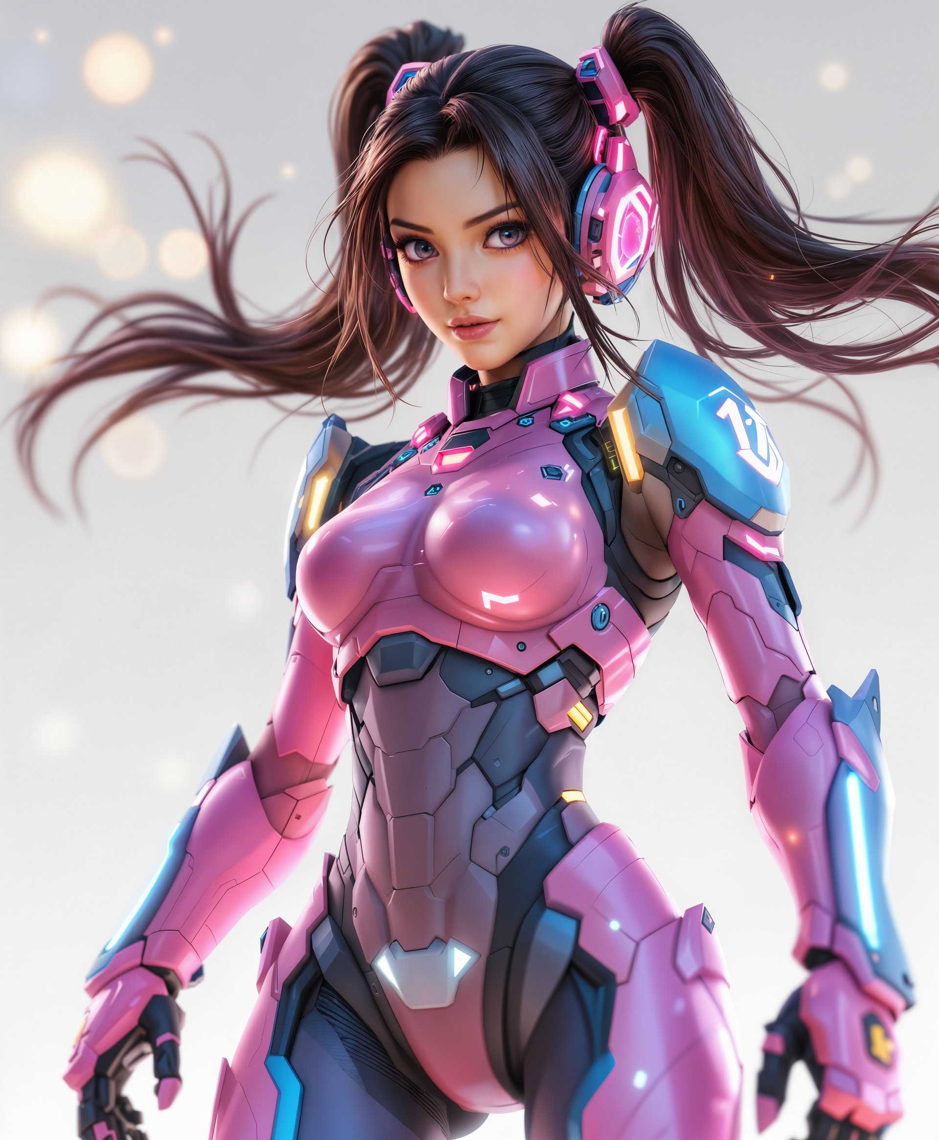 masterpiece, best quality, highres, sharp image, more detail, masterpiece, best quality, highres, sharp image, more detail, ```plaintext
Create an ultra-high definition, full-body portrait of D.Va from Overwatch, in her iconic pink and blue mech-suit with the following specifications:

**Visual Details:**
- D.Va's suit should display the intricate details of her mech, including the light-reflective visor, the neon accents, and the holographic interfaces.
- Her hair should be styled in her signature twin-tails, with each strand flowing naturally, capturing the texture and shine of her hair.
- Skin texture should be hyper-realistic, showing pores, light reflections, and subtle imperfections for authenticity.

**Style:**
- Adopt a style reminiscent of a blend between futuristic sci-fi artwork and high-end video game concept art, ensuring crisp lines and vibrant, saturated colors.

**Composition:**
- D.Va should be positioned in a dynamic pose, perhaps mid-leap or in a battle stance, with the mech suit's limbs slightly blurred to suggest motion.
- Camera angle should be slightly low to give her a heroic, imposing presence, with a shallow depth of field focusing on her face and suit.
- The background should be a stylized Korean cityscape at night, with neon lights and holographic advertisements, creating a cyberpunk atmosphere.

**Mood and Atmosphere:**
- The mood should be energetic and vibrant, reflecting D.Va's personality as a lively gamer and esports star.
- Lighting should come from the neon cityscape, casting colorful reflections on her suit, with dramatic highlights and shadows to enhance the 3D effect.

**Technical Aspects:**
- Use techniques like rim lighting to separate her from the background, high dynamic range imaging for rich color depth, and motion blur to convey speed and action.

**Cohesion:**
- Ensure all elements, from D.Va's suit to the cityscape, harmonize to create a unified scene where she appears to belong, seamlessly blending the character with the futuristic Korean setting.
```