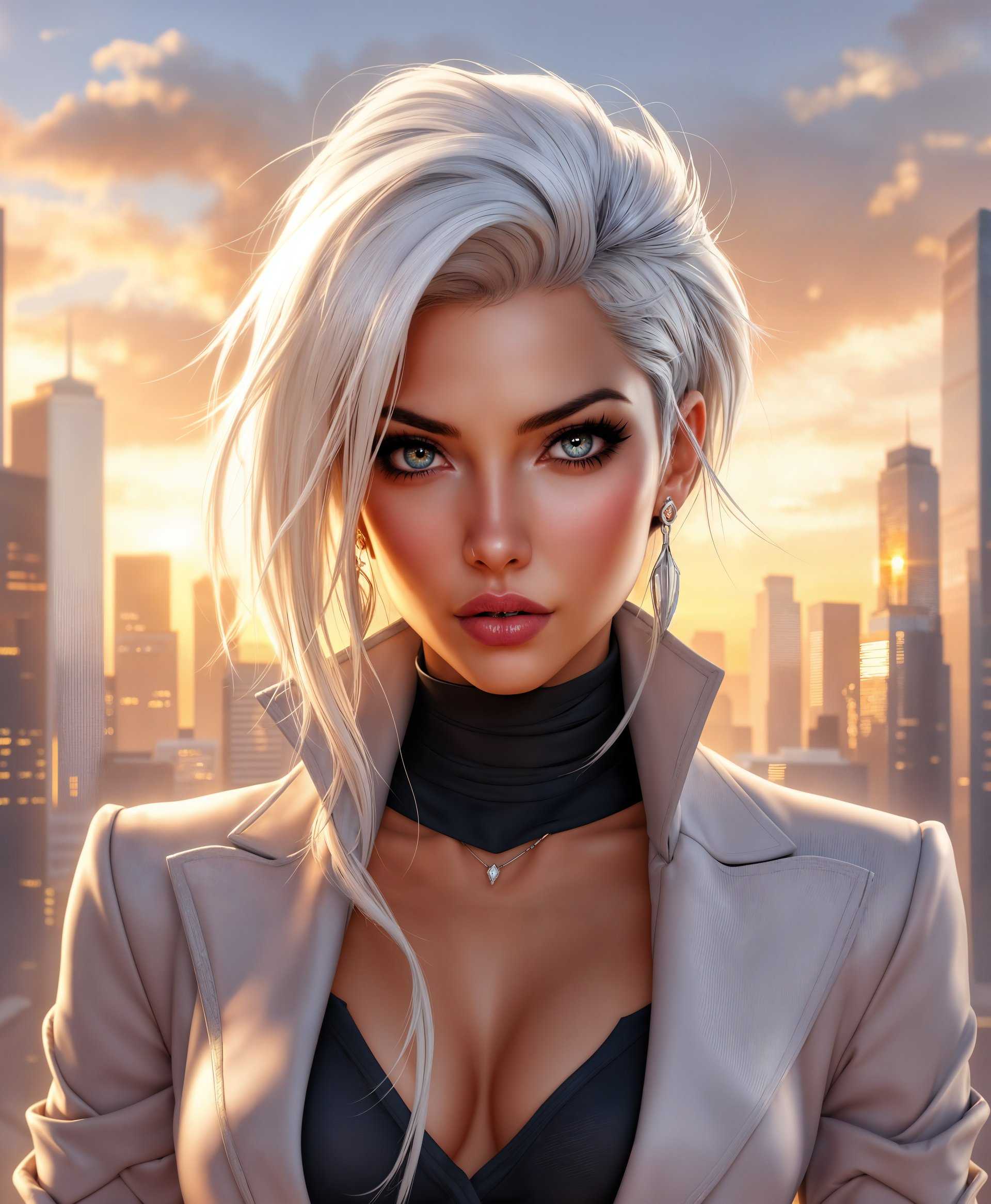 masterpiece, best quality, highres, sharp image, more detail, masterpiece, best quality, highres, sharp image, more detail, ```plaintext
A highly detailed, high-definition portrait of Ashe from "Overwatch," showcasing her in a realistic, yet stylized manner:

- **Subject**: Ashe, with her signature white hair, intense gaze, and sophisticated attire, capturing her commanding presence and charisma.
  
- **Setting**: The backdrop reflects a modern American cityscape at dusk, with skyscrapers silhouetted against a sky painted in the soft hues of sunset, creating a dramatic play of light and shadow.

- **Artistic Style**: The image blends photorealism with elements of comic book art, enhancing Ashe's features with a subtle overlay of digital texture reminiscent of her in-game appearance. The style should echo the detailed and vibrant art style of "Overwatch," with a focus on rendering textures like the smoothness of her skin, the weave of her clothing, and the intricate details of her weaponry.

- **Visual Details**: 
    - Ashe's hair is voluminous and styled, with highlights catching the last rays of sunlight, emphasizing her white locks.
    - Her eyes are sharp, reflecting a mix of determination and allure, with light glinting off her irises.
    - Her outfit is meticulously detailed, from the tailored lines of her coat to the metallic sheen of her revolver, with attention to the wear and tear that adds authenticity to her character.
    - The environment includes subtle references to her backstory, like an old west saloon sign in the background or a neon sign with her name.

- **Lighting**: Use a cinematic approach with a key light that illuminates her face, creating depth through the interplay of light and shadow. Side lighting should accentuate her facial features, while backlighting provides a halo effect around her hair.

- **Mood and Atmosphere**: The atmosphere is charged with a sense of anticipation, capturing Ashe's cool confidence and the impending action or confrontation. The lighting and background suggest a moment of calm before the storm, with the city lights beginning to flicker on.

- **Composition**: Employ the rule of thirds, with Ashe positioned to the right, looking slightly off-camera, suggesting she's either commanding a scene or reacting to something out of view. The camera angle should be slightly low, enhancing her authoritative presence.

- **Technical Aspects**: Utilize a shallow depth of field to focus on Ashe, blurring the bustling cityscape behind her. Capture the image with a high-resolution sensor to ensure the detail in textures and the sharpness of her features are preserved. Use a 50mm lens for a natural perspective, enhancing the realism while maintaining the stylized elements of her character