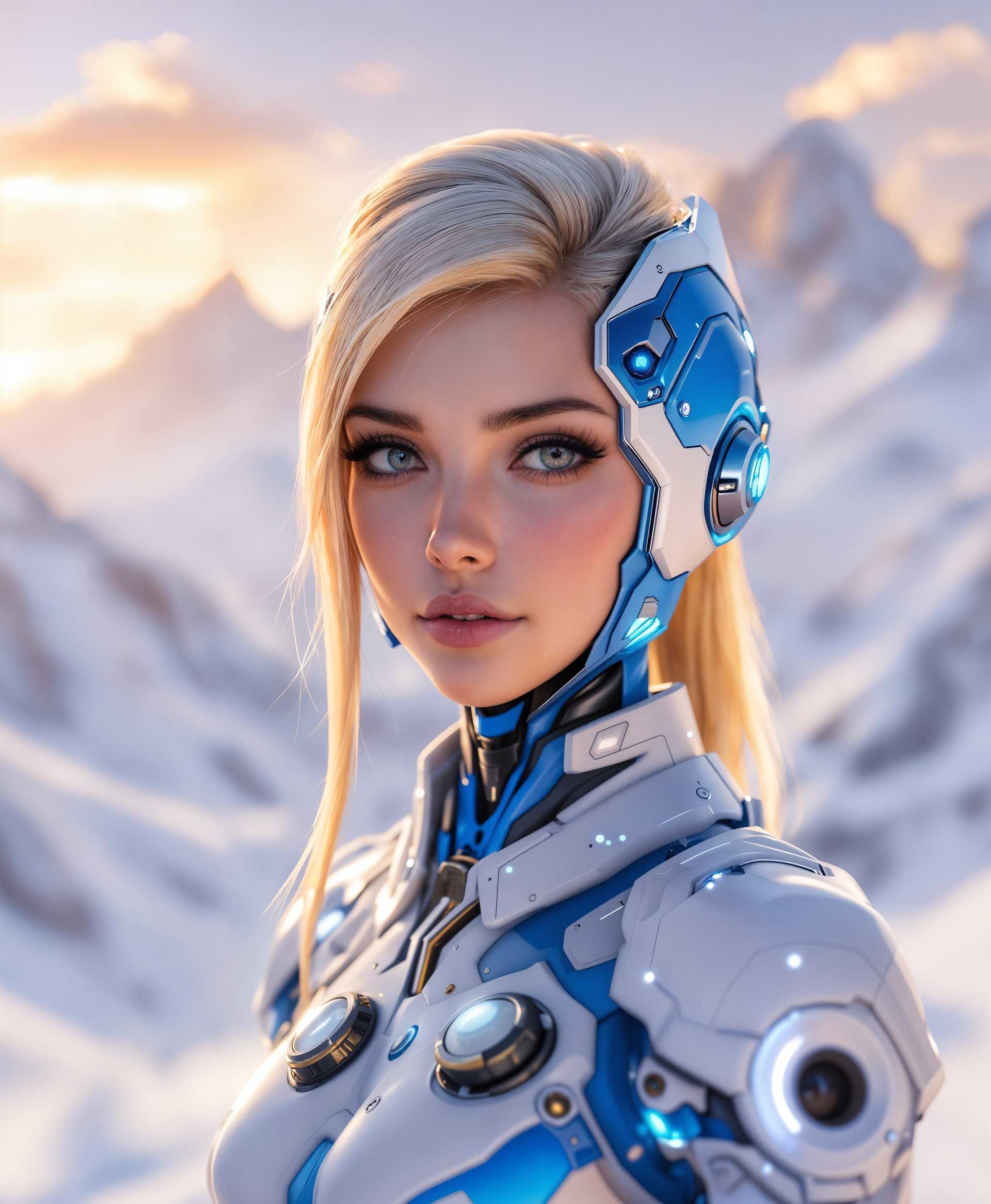 masterpiece, best quality, highres, sharp image, more detail, masterpiece, best quality, highres, sharp image, more detail, Create a **hyper-realistic, high-definition portrait** of Echo from Overwatch, set against the stunning backdrop of the Swiss Alps:

- **Visual Details**: Echo's sleek, metallic body should reflect the soft, golden hues of the early morning light. Her vibrant blue and white color scheme contrasts with the cool, snowy environment. Emphasize her detailed mechanical components, with textures ranging from smooth, polished surfaces to intricate, gear-like structures. 

- **Style**: Employ a **photorealistic** style, capturing the fine details of her design with a depth of field that blurs the majestic Alps in the background, focusing intensely on her face. 

- **Composition**: Echo is positioned at the center, with her gaze slightly off to the side, as if she's contemplating her next move. The camera angle is slightly low, looking up at her, to give a sense of grandeur and heroism. 

- **Mood and Atmosphere**: The scene is set at dawn, with the sky painted in soft purples and pinks, transitioning to a crisp blue. The atmosphere is serene, with a light mist hanging in the air, creating a mystical ambiance. 

- **Technical Aspects**: Use **soft focus** for the background, **bokeh** effects to highlight Echo's eyes, and **HDR** techniques to ensure the range of light and shadow is captured with precision. 

- **Cohesion**: The integration of Echo into this natural setting should feel harmonious, with her futuristic design elements blending seamlessly with the timeless beauty of the Swiss landscape, creating a scene that is both out of time and perfectly in the moment.