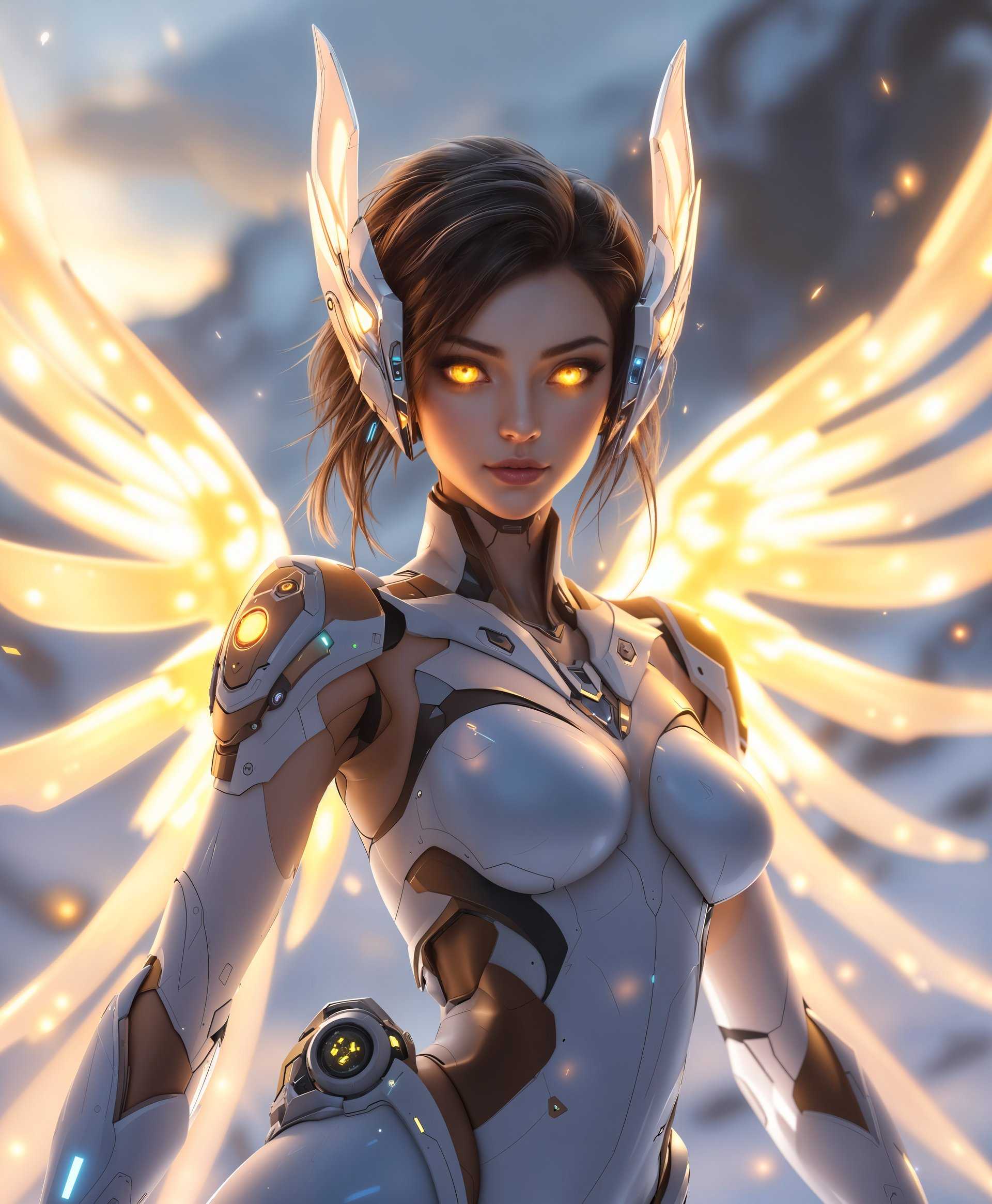 masterpiece, best quality, highres, sharp image, more detail, masterpiece, best quality, highres, sharp image, more detail, Create a high-definition portrait of Echo from Overwatch, with the following details:

**Visual Elements:**
- Echo should be portrayed with her sleek, robotic design, capturing the intricate details of her wings and the luminous glow of her eyes.
- Her body should reflect a mix of metallic textures, with a slight iridescence on her wings to suggest advanced technology.
- Lighting should be soft yet focused, highlighting her features with a subtle glow, particularly around her eyes and wing edges.

**Artistic Style:**
- Utilize a style reminiscent of modern sci-fi concept art, with clean lines and a futuristic aesthetic.
- Incorporate elements of photorealism for Echo's textures, ensuring her mechanical parts look hyper-realistic.

**Composition:**
- Echo should be the central focus, slightly off-center to the left, allowing for a dynamic interaction with the environment.
- Camera angle should be slightly low to emphasize her commanding presence, looking slightly upward at her.

**Mood and Atmosphere:**
- The scene is set at dusk in Switzerland, with the background showcasing the Alps. The sky should be painted in shades of twilight blue, with hints of sunset orange reflecting off the snow-capped peaks.
- The atmosphere is serene yet filled with anticipation, as if Echo is about to take flight or engage in a mission.

**Technical Aspects:**
- Depth of field should be shallow, focusing on Echo while the background softly blurs, giving depth to the image.
- Use of chiaroscuro to enhance the drama and highlight Echo's form against the backdrop of the Swiss landscape.

**Cohesion:**
- The scene should blend Echo's futuristic design with the natural, untouched beauty of the Swiss Alps, creating a contrast that speaks to the integration of technology with nature.