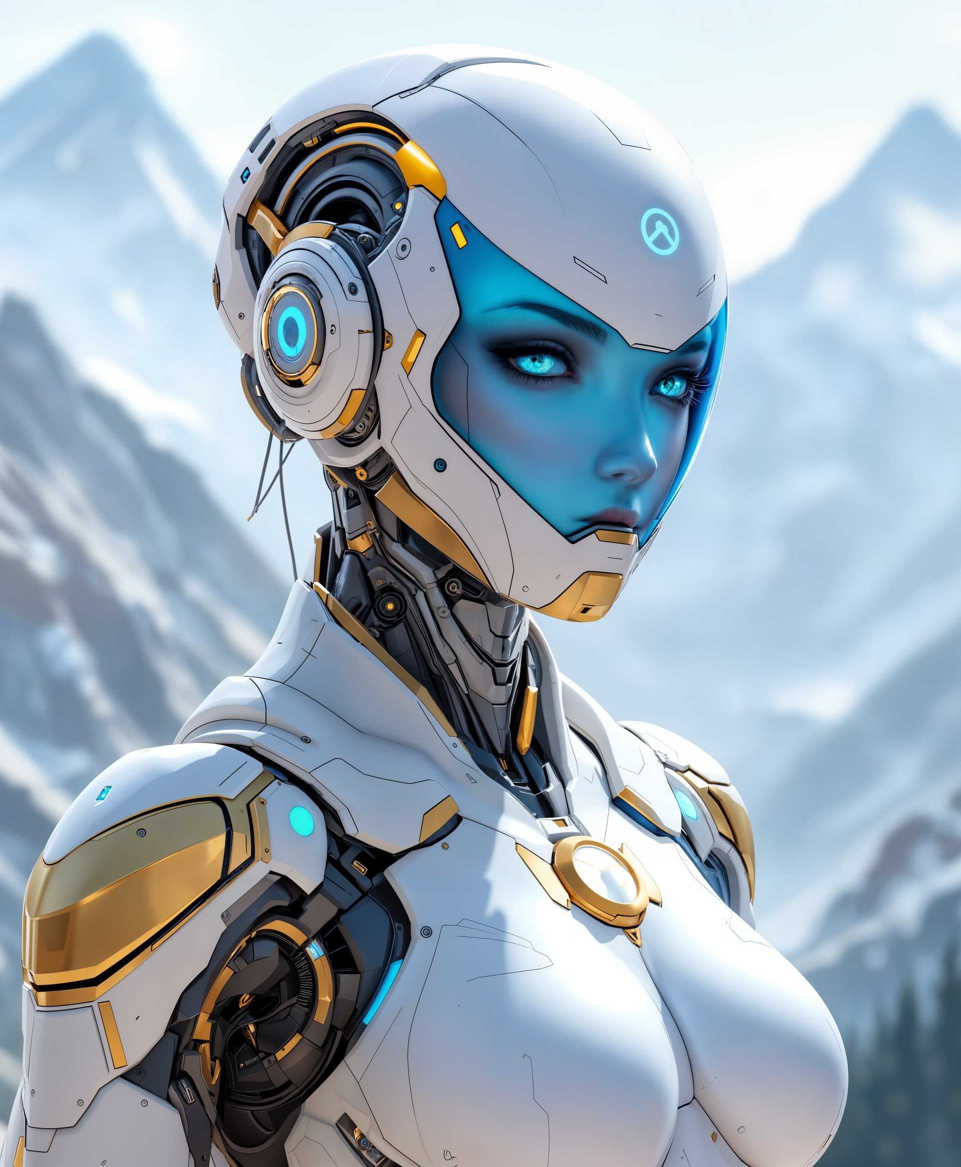 masterpiece, best quality, highres, sharp image, more detail, masterpiece, best quality, highres, sharp image, more detail, **Prompt:**

A highly detailed, upper-body portrait of Echo from the game "Overwatch," showcasing her advanced, futuristic design with a focus on her sleek, aerodynamic curves and the intricate mechanics of her robotic limbs. Echo's faceplate should reflect a serene yet powerful expression, with her eyes glowing softly with a blue hue. Her body is painted in a vibrant, futuristic color scheme of whites, blues, and gold accents, reflecting her high-tech, innovative nature.

**Artistic Style:**
- **Photorealistic** with elements of **cyberpunk** aesthetics. The image should mimic the high fidelity of modern game character design, with a touch of **Tetsuya Nomura's** (Final Fantasy) influence in the intricate mechanical details.

**Background:**
- Set against the majestic, snow-capped peaks of the Swiss Alps, with the backdrop softened by a light fog that diffuses the sunlight, creating a serene, almost ethereal atmosphere. The peaks should be visible but not dominant, ensuring Echo remains the focal point.

**Composition:**
- Echo is positioned in a **¾ view**, looking slightly to the left, with her head tilted down, eyes looking up, suggesting a moment of contemplation or readiness. The camera angle is at eye level, emphasizing her commanding presence.

**Lighting:**
- Utilize **soft, natural light** to enhance the textures of her metal surface, with subtle highlights that catch the edges of her wings and the contours of her face. The light should be coming from the right, casting a slight shadow on the left side, enhancing depth and dimension.

**Mood and Atmosphere:**
- The atmosphere is **calm yet charged with potential energy**, reflecting Echo's character as a being of peace and capability. The scene should evoke a sense of **tranquility and technological prowess**, with the serene Swiss landscape complementing her futuristic design.

**Technical Aspects:**
- **Depth of Field**: Use a shallow depth of field to blur the background slightly, focusing sharply on Echo's face and upper body.
- **Bokeh**: Incorporate gentle bokeh in the background to soften the landscape, emphasizing Echo's detail.
- **HDR**: Apply high dynamic range to capture the full spectrum of lighting, ensuring details are visible even in the shadowed areas.

**Cohesion:**
- The elements must coalesce to portray Echo not just as a machine but as an entity with depth, purpose, and an aura of peace amidst the natural beauty of Switzerland.