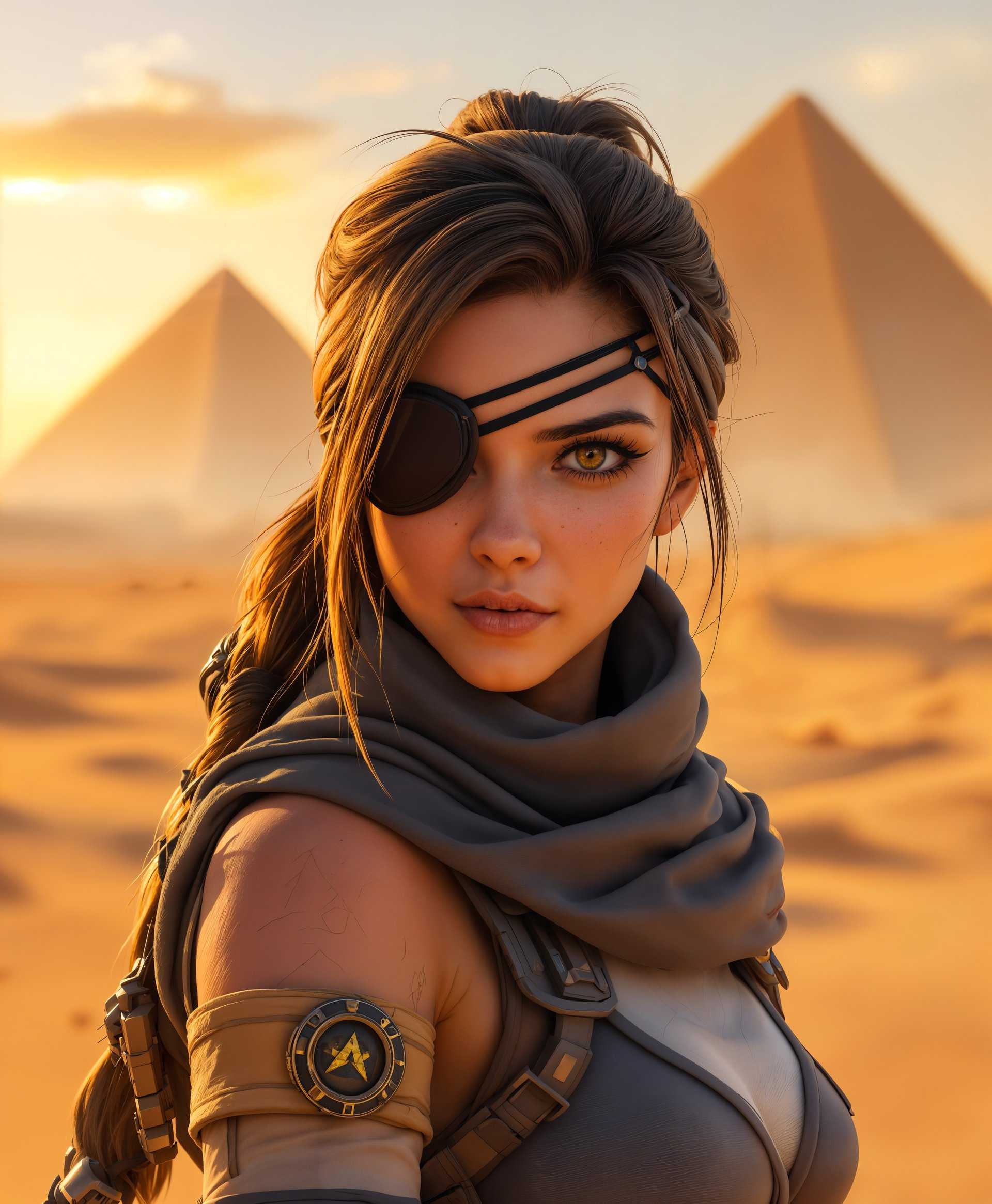 masterpiece, best quality, highres, sharp image, more detail, masterpiece, best quality, highres, sharp image, more detail, Create a hyper-realistic upper body portrait of Ana from "Overwatch" with the following specifications:

- **Subject**: Ana, depicted in her iconic attire with detailed textures on her outfit, showcasing her eye patch, headband, and the creases of her clothing. Her skin should exhibit fine lines, wrinkles, and the subtle shading that highlights her age and experience.

- **Style**: Employ a photorealistic style, with meticulous attention to facial features, capturing the essence of Ana's character through her intense gaze and weathered expression. Utilize soft lighting to enhance the depth and realism of her skin.

- **Background**: Set against the backdrop of Egypt, with the Pyramids of Giza subtly visible in the distance, bathed in the warm glow of sunset. The desert sand should be rendered with rich, sandy hues, creating a contrast with the cooler tones of Ana's skin and clothing. 

- **Lighting**: Use directional lighting from the side, casting long shadows that emphasize the texture of Ana's face and the desert landscape. The golden hour light should highlight the edges of her face, providing a sense of depth and volume.

- **Atmosphere**: Capture the serene yet powerful ambiance of an evening in Egypt, with the quiet hum of the desert, and the distant sounds of life from the nearby city. The mood should reflect Ana's contemplative and vigilant nature.

- **Technical Aspects**: Use a shallow depth of field to focus on Ana while allowing the background to blur slightly, ensuring her presence is the focal point. Employ a high dynamic range (HDR) technique to capture the contrast between the bright sky and the darker tones of her outfit.

- **Composition**: Position Ana slightly off-center to the right, using the rule of thirds for a balanced composition. Her gaze should be directed slightly away from the camera, looking towards the horizon, which adds a layer of narrative depth to the image.

- **Mood**: The scene should exude a sense of solitude, strength, and a touch of melancholy, reflecting Ana's backstory and her role as a protector in the Overwatch universe.