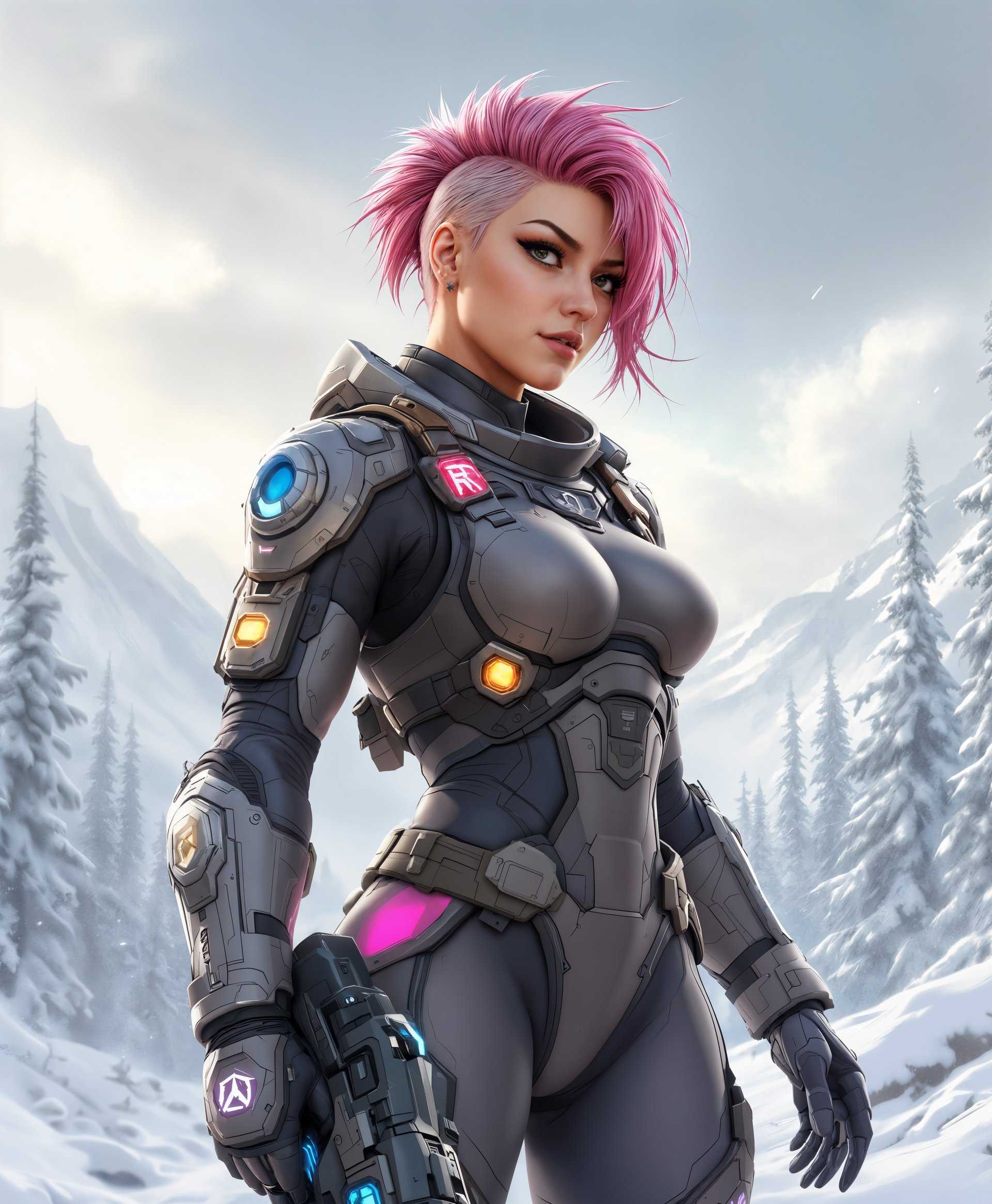 masterpiece, best quality, highres, sharp image, more detail, masterpiece, best quality, highres, sharp image, more detail, Create an ultra-detailed full-body portrait of Zarya from "Overwatch":

- **Character**: Zarya in her iconic pink hair, muscular physique, and tactical suit with Russian military insignia. Her expression should be one of fierce determination, muscles subtly tensed, showcasing her strength and resolve.

- **Costume Details**: Her suit should exhibit realistic textures like matte metal, with visible wear and tear, and the glow of her Particle Cannon. The pink highlights on her suit should catch the light, adding depth and vibrancy.

- **Background**: Set against the vast, rugged landscapes of Russia. Think of the Ural Mountains or Siberian forests with sparse, snow-covered trees. The sky should be overcast, with hints of a cold, pale blue, suggesting the harshness of the Russian winter.

- **Lighting**: Use a dramatic, high-contrast lighting with soft, natural light filtering through the clouds, casting long shadows and highlighting the contours of Zarya's form and the environment.

- **Atmospheric Elements**: Include subtle details like a light snowfall, with flakes visible in the air, and the faint breath of Zarya in the cold air. 

- **Composition**: Zarya should be positioned centrally, slightly off-center to the left, looking towards the horizon. The camera angle should be slightly low, emphasizing her towering presence and the grandeur of the Russian wilderness.

- **Artistic Style**: Capture this in a blend of hyper-realistic digital art and the gritty, tactile feel of oil painting, reminiscent of the Soviet-era propaganda art for its heroic and idealized portrayal, yet with modern digital enhancements.

- **Technical Aspects**: Focus on depth of field to blur the background slightly, ensuring Zarya stands out. Use a shallow depth of field to emphasize her as the focal point, with the background elements in soft focus. Employ photorealistic rendering for Zarya's suit and face, with brush-like strokes for the natural elements to contrast the realism with artistic expression.