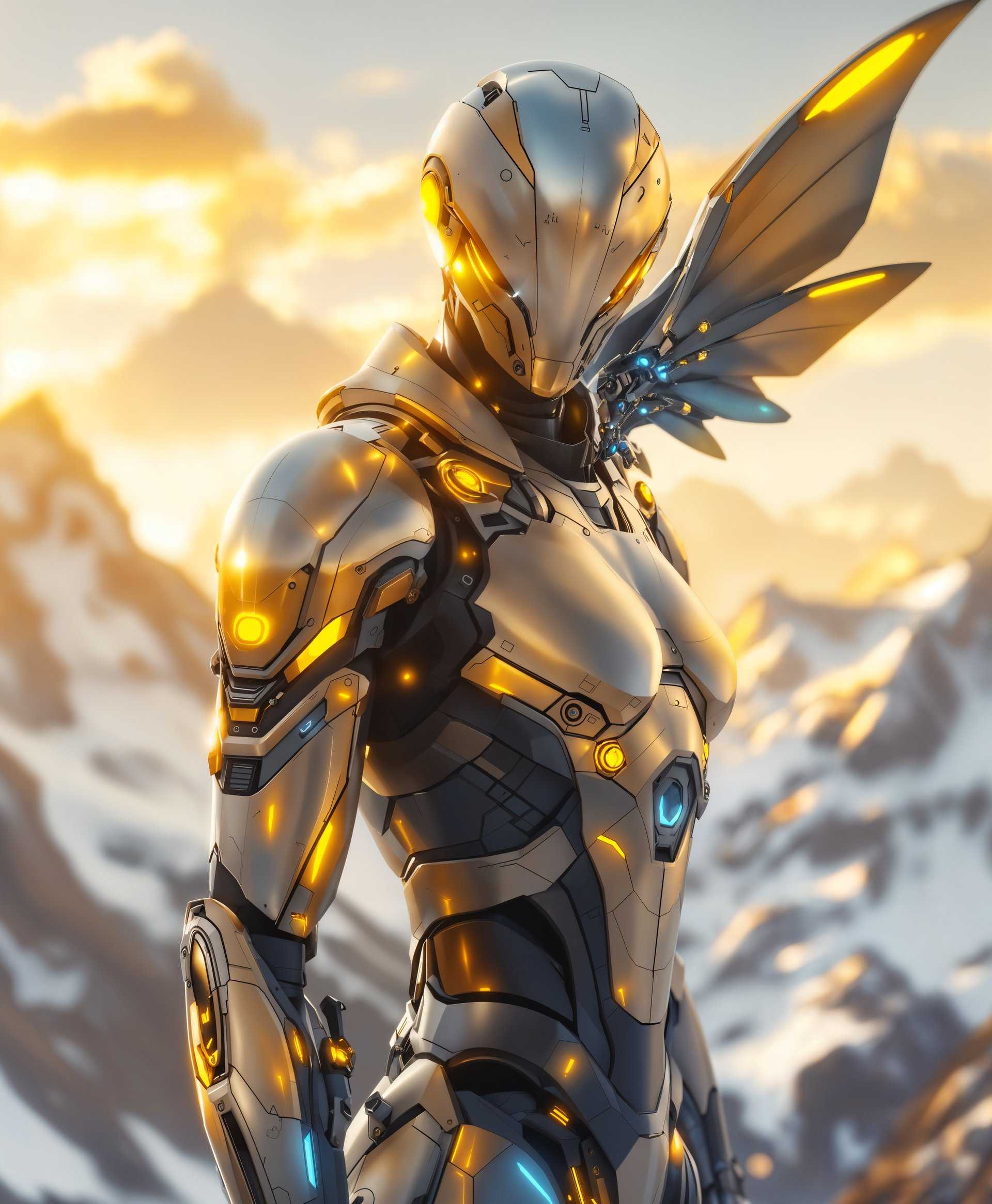 masterpiece, best quality, highres, sharp image, more detail, masterpiece, best quality, highres, sharp image, more detail, A highly detailed full-body portrait of **Echo**, the robot from Overwatch, set against the **majestic Swiss Alps** in the background. Echo stands poised, her sleek metallic body reflecting the golden hues of the setting sun. Here are the specifics:

- **Visual Details:** 
  - Echo's body should exhibit a **polished, metallic sheen** with subtle **wear marks** indicating her long history. Her wings are slightly spread, showcasing their **intricate mechanical structure**.
  - The **texture of her metal** should be visible, with fine lines and **engravings** that hint at her advanced technology.
  - **Colors** should include **muted metallic tones** with highlights in **gold** and **blue** to match her design from the game.

- **Style:** 
  - The image should be rendered in a **hyper-realistic** style, with attention to **light reflection** and **shadows** to give depth and realism.
  - Utilize **bokeh effect** in the background to blur the Alps, focusing on Echo.

- **Composition:** 
  - Echo should be **centered**, with her body slightly turned to give a three-quarter view, allowing for a dynamic pose.
  - The **camera angle** is slightly low, looking up at her, to emphasize her height and presence.
  - Frame the image with **soft edges**, giving it a **cinematic feel**.

- **Mood and Atmosphere:** 
  - Capture a **serene evening** atmosphere, with the **Alps casting long shadows** and the sky painted in **soft oranges and purples**.
  - The mood is **reflective and tranquil**, highlighting Echo's calm yet powerful presence.

- **Technical Aspects:** 
  - Use **high dynamic range** (HDR) to capture the contrast between the dark shadows and the bright highlights of Echo's body.
  - Apply **ray tracing** to simulate realistic light reflections and refractions on her metallic surfaces.

This scene should evoke a sense of **timelessness** and **technological wonder**, blending the futuristic design of Echo with the natural beauty of Switzerland.