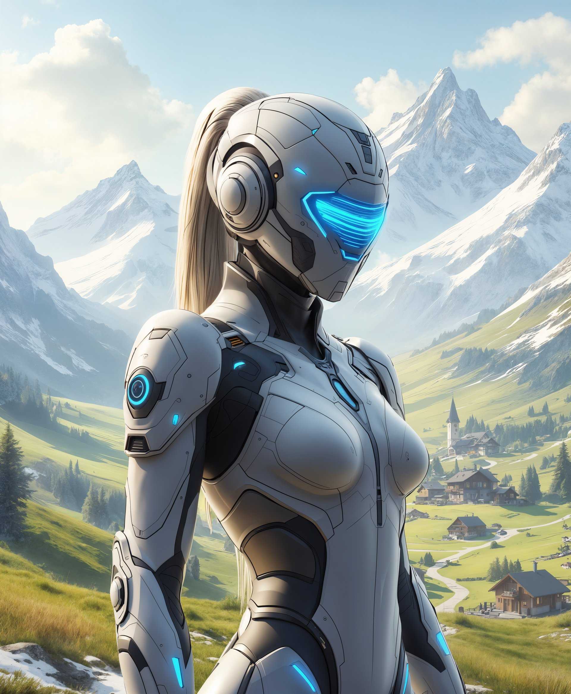 masterpiece, best quality, highres, sharp image, more detail, masterpiece, best quality, highres, sharp image, more detail, **Prompt:**

Create a highly detailed full body portrait of Echo from "Overwatch" set in the serene Swiss countryside:

- **Subject**: Echo, with her sleek, futuristic design, stands as the central focus. Her body is composed of a glossy, metallic material that reflects the ambient light, showcasing her aerodynamic shape. Her face mask glows with an intense, pulsating blue light, highlighting her eyes and giving her an otherworldly appearance.

- **Costume**: Echo's attire is a blend of advanced technology and tactical gear, with intricate patterns and a hint of Swiss watchmaking precision in the details. The mask's glow contrasts with the soft, earthy tones of her suit, creating a striking visual impact.

- **Background**: The scene is set in the picturesque Swiss Alps, where the mountains are covered in a light dusting of snow, and the rolling hills are dotted with vibrant green. The sky is a soft, pale blue, with hints of clouds, suggesting a clear, crisp day. A small, charming Swiss village is visible in the distance, with traditional wooden chalets and a small church steeple peeking above the treetops.

- **Lighting**: The light is diffused, coming from an early morning sun, casting long shadows and bathing the scene in a warm, golden glow. The ambient light enhances the metallic sheen of Echo's body, making her stand out against the natural backdrop.

- **Mood/Atmosphere**: The atmosphere is one of tranquility and peace, juxtaposed with Echo's readiness and alertness, suggesting a moment of calm before an adventure. The cool, crisp air of the Swiss Alps adds to the serene yet slightly mysterious vibe.

- **Composition**: Echo is positioned slightly off-center, facing slightly to the left, giving a sense of movement or anticipation. The camera angle is at eye level, allowing for a full appreciation of her form and the expansive landscape behind her. Use a wide-angle lens to capture the vastness of the Alps while keeping Echo in sharp focus, creating a depth of field that emphasizes her as the focal point.

- **Artistic Style**: The image should be rendered in a hyper-realistic style, with attention to minute details like the texture of her metallic skin, the reflection in her mask, and the intricate patterns on her suit. Incorporate elements of Swiss landscape photography, where the natural beauty is captured with clarity and precision.

- **Technical Aspects**: Use techniques like HDR photography to ensure the lighting is realistic and the details are visible without losing the softness of the background. Employ subtle lens flare