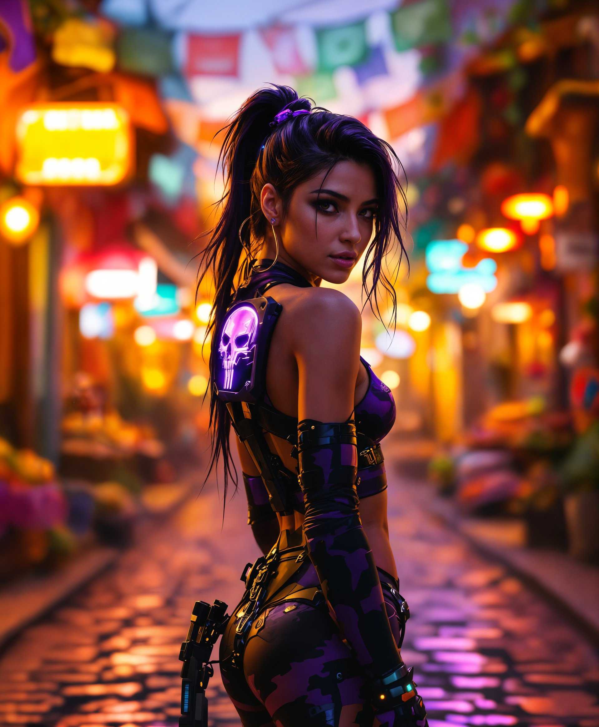 masterpiece, best quality, highres, sharp image, more detail, masterpiece, best quality, highres, sharp image, more detail, **Photography Style:** Cinematic portrait photography with a focus on hyperrealistic detail and dramatic lighting.

**Subject:** Sombra from Overwatch, captured in a full-body pose. Her outfit is rendered with intricate detail, showcasing the purple hues of her hacker attire, the holographic skull on her back, and the digital camouflage effect. Her skin has a slight iridescent glow, highlighting her cybernetic enhancements.

**Background:** The scene is set in a vibrant, bustling Mexican street market at dusk. The lighting is a mix of warm, golden hour sunlight filtering through colorful papel picado, creating a contrast with the cooler neon lights of signs and market stalls. 

**Visual Details:**
- **Textures:** The cobblestone streets are worn and uneven, market stalls are made of weathered wood with vibrant cloth coverings. Sombra's outfit contrasts with this, appearing sleek and futuristic.
- **Colors:** Rich, saturated colors dominate the scene - deep reds, vibrant yellows, and greens from the market, contrasted by Sombra's cool, electric purple and blue tones.
- **Lighting:** Golden hour light casts long shadows, with neon signs adding splashes of color. The light reflects off Sombra's holographic elements, giving them an ethereal glow.

**Composition:**
- Sombra is positioned slightly off-center, with market activity framing her. The camera angle is slightly low, looking up at her, enhancing her imposing presence.
- Depth of field creates a soft focus on the background, with sharp focus on Sombra, emphasizing her as the main subject.

**Mood and Atmosphere:**
- The atmosphere is lively yet mysterious, with the juxtaposition of traditional Mexican culture against Sombra's futuristic appearance. There's a sense of anticipation, as if something clandestine is about to occur.
- The time of day is dusk, just before night, symbolizing the transition from day to night, light to darkness, which mirrors Sombra's character.

**Technical Aspects:**
- Use of a wide-angle lens to capture both Sombra and the market environment, with a shallow depth of field to keep her in sharp focus.
- HDR (High Dynamic Range) to capture the range of light from the warm sunset to the neon signs.
- **Focal Length:** 35mm to give a natural perspective while still capturing the environment.
- **ISO:** 200 to keep noise low while allowing for the capture of both bright and dark areas.

**Cohesion:** 
- The scene blends traditional Mexican culture with futuristic elements, creating a surreal yet cohesive environment where