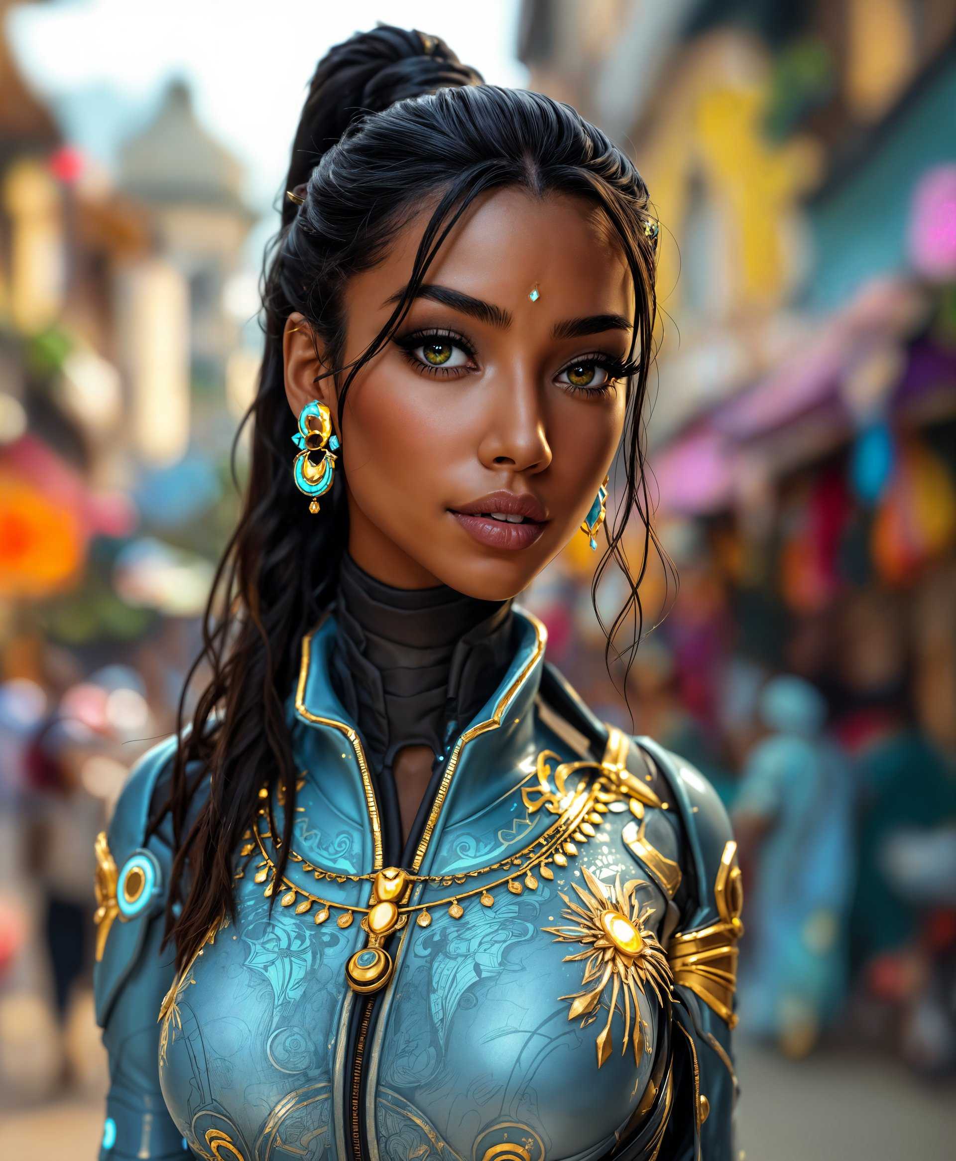 masterpiece, best quality, highres, sharp image, more detail, masterpiece, best quality, highres, sharp image, more detail, ```plaintext
**Prompt Template for AI Image Generation:**

**Subject:** A highly detailed full-body portrait of Symmetra from "Overwatch," showcasing her intricate armor and costume design.

**Details:**
- **Armor:** Her hard-light armor should exhibit a clean, futuristic design with soft blue and gold accents, reflecting her connection to Vishkar Corporation. The armor should be sleek, with visible energy lines and a slight glow.
- **Costume:** Her outfit should blend traditional Indian elements with modern, high-tech fashion. Include intricate embroidery patterns inspired by Indian culture, but rendered in a futuristic, almost holographic style.
- **Expression:** Symmetra's face should convey her characteristic focus and determination, with a hint of serenity, reflecting her disciplined nature and her vision for a better world.

**Background:**
- **Setting:** The backdrop is the vibrant and colorful landscape of India, capturing the essence of its architecture, culture, and bustling street life. 
- **Details:** Include elements like ornate temples, bustling markets, and the chaos of urban India, but with a touch of modernity through futuristic architecture or technology.

**Artistic Style:**
- **Style:** Digital painting with hyper-realistic detail, inspired by concept art techniques used in video game design. Aim for a blend of photorealism and stylized elements, reminiscent of the "Overwatch" art style.
- **Lighting:** The scene should be illuminated by the warm, golden light of late afternoon, casting long shadows and highlighting the intricate details of Symmetra's costume and the background architecture.

**Composition:**
- **Framing:** Symmetra should be the central focus, with the background providing depth and context without overwhelming her presence. Use a medium to close-up shot to capture her expression and costume details while allowing some background elements to frame her.
- **Perspective:** The camera angle should be slightly low, looking up at Symmetra to give her a sense of grandeur and importance.

**Mood and Atmosphere:**
- **Ambiance:** The atmosphere should be one of calm amidst chaos, reflecting Symmetra's inner peace and her mission to bring order and beauty through architecture and technology.
- **Time:** Late afternoon, with the sun setting, casting a warm glow over everything, symbolizing the hope and vision for a better future.

**Technical Aspects:**
- **Depth of Field:** Use a shallow depth of field to keep Symmetra in sharp focus while the background has a slight blur, emphasizing her importance.
- **Color Palette:** Rich, vibrant colors for the background