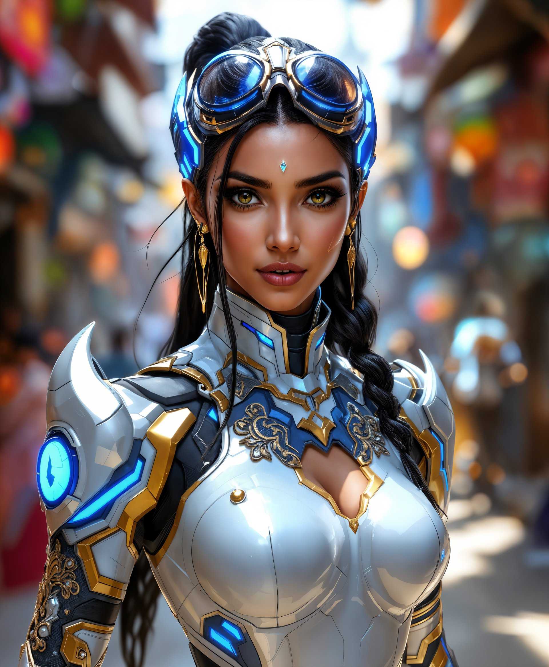 masterpiece, best quality, highres, sharp image, more detail, masterpiece, best quality, highres, sharp image, more detail, ```plaintext
**Prompt Template for AI Image Generation:**

**Subject:** A highly detailed full-body portrait of Symmetra from "Overwatch," showcasing her intricate armor and costume design.

**Details:**
- **Armor:** Her hard-light armor should exhibit a clean, futuristic design with soft blue and gold accents, reflecting her connection to Vishkar Corporation. The armor should be sleek, with visible energy lines and a slight glow.
- **Costume:** Her outfit should blend traditional Indian elements with modern, high-tech fashion. Include intricate embroidery patterns inspired by Indian culture, but rendered in a futuristic, almost holographic style.
- **Expression:** Symmetra's face should convey her characteristic focus and determination, with a hint of serenity, reflecting her disciplined nature and her vision for a better world.

**Background:**
- **Setting:** The backdrop is the vibrant and colorful landscape of India, capturing the essence of its architecture, culture, and bustling street life. 
- **Details:** Include elements like ornate temples, bustling markets, and the chaos of urban India, but with a touch of modernity through futuristic architecture or technology.

**Artistic Style:**
- **Style:** Digital painting with hyper-realistic detail, inspired by concept art techniques used in video game design. Aim for a blend of photorealism and stylized elements, reminiscent of the "Overwatch" art style.
- **Lighting:** The scene should be illuminated by the warm, golden light of late afternoon, casting long shadows and highlighting the intricate details of Symmetra's costume and the background architecture.

**Composition:**
- **Framing:** Symmetra should be the central focus, with the background providing depth and context without overwhelming her presence. Use a medium to close-up shot to capture her expression and costume details while allowing some background elements to frame her.
- **Perspective:** The camera angle should be slightly low, looking up at Symmetra to give her a sense of grandeur and importance.

**Mood and Atmosphere:**
- **Ambiance:** The atmosphere should be one of calm amidst chaos, reflecting Symmetra's inner peace and her mission to bring order and beauty through architecture and technology.
- **Time:** Late afternoon, with the sun setting, casting a warm glow over everything, symbolizing the hope and vision for a better future.

**Technical Aspects:**
- **Depth of Field:** Use a shallow depth of field to keep Symmetra in sharp focus while the background has a slight blur, emphasizing her importance.
- **Color Palette:** Rich, vibrant colors for the background