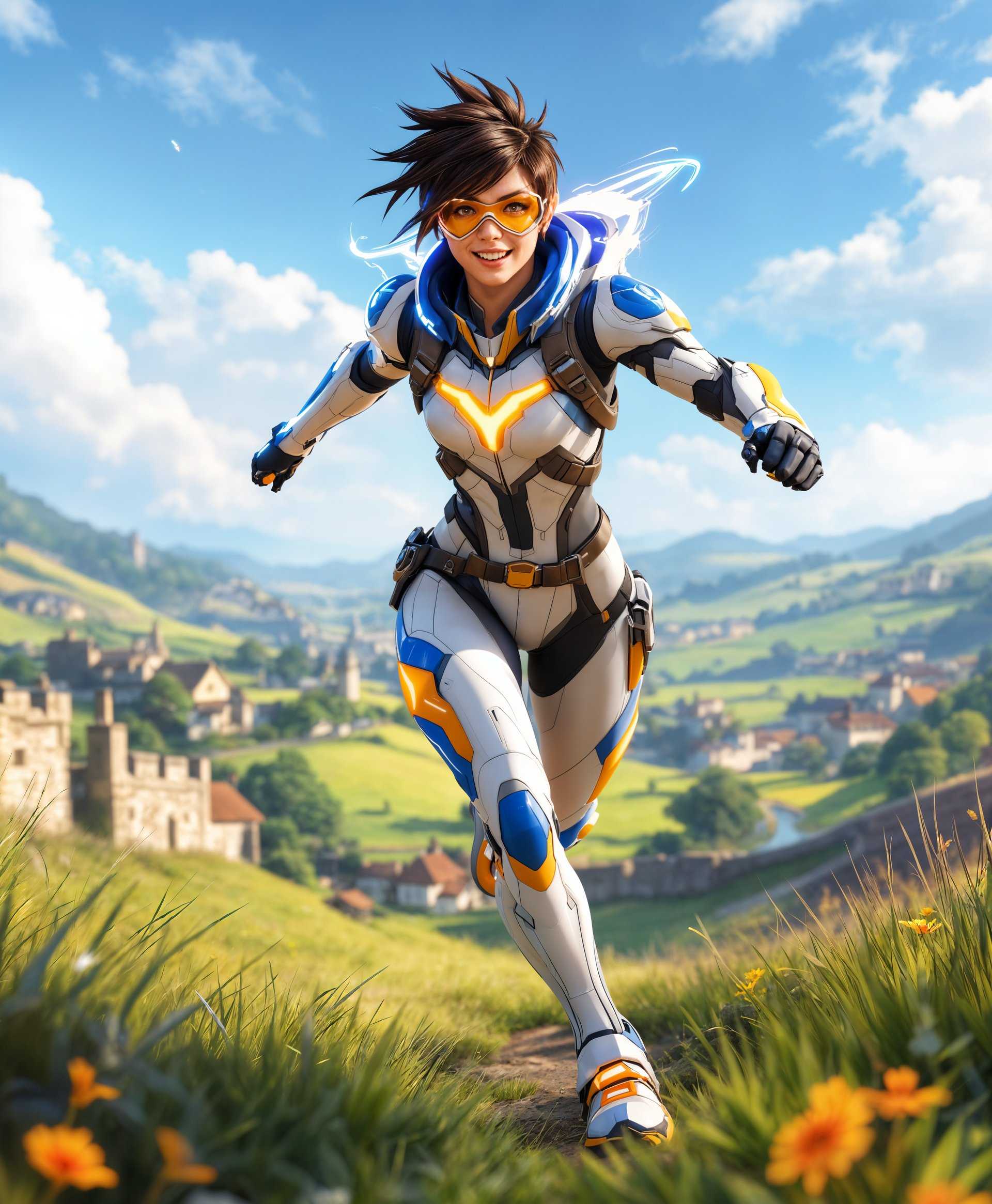 masterpiece, best quality, highres, sharp image, more detail, masterpiece, best quality, highres, sharp image, more detail, A highly detailed full-body portrait of **Tracer** from *Overwatch*, showcasing her iconic futuristic outfit with a vibrant blue and white color scheme, her chronal accelerator glowing with a warm, pulsating light. Her pose is dynamic, capturing her in mid-stride with a confident, playful smile, hair slightly tousled as if caught in the wind. The setting is a picturesque British countryside, with rolling green hills, ancient stone walls, and a backdrop of a quaint village under a clear, blue sky with soft, diffused lighting enhancing the early morning atmosphere. The composition employs a wide-angle lens to include the expansive landscape, placing Tracer slightly off-center for a balanced, engaging visual. The style is reminiscent of high-resolution digital art, with hyper-realistic textures on her gear, the grass, and the foliage, evoking a blend of modern sci-fi and traditional British charm. The mood is upbeat and adventurous, reflecting Tracer's personality, with a subtle hint of motion blur to suggest her speed and agility.