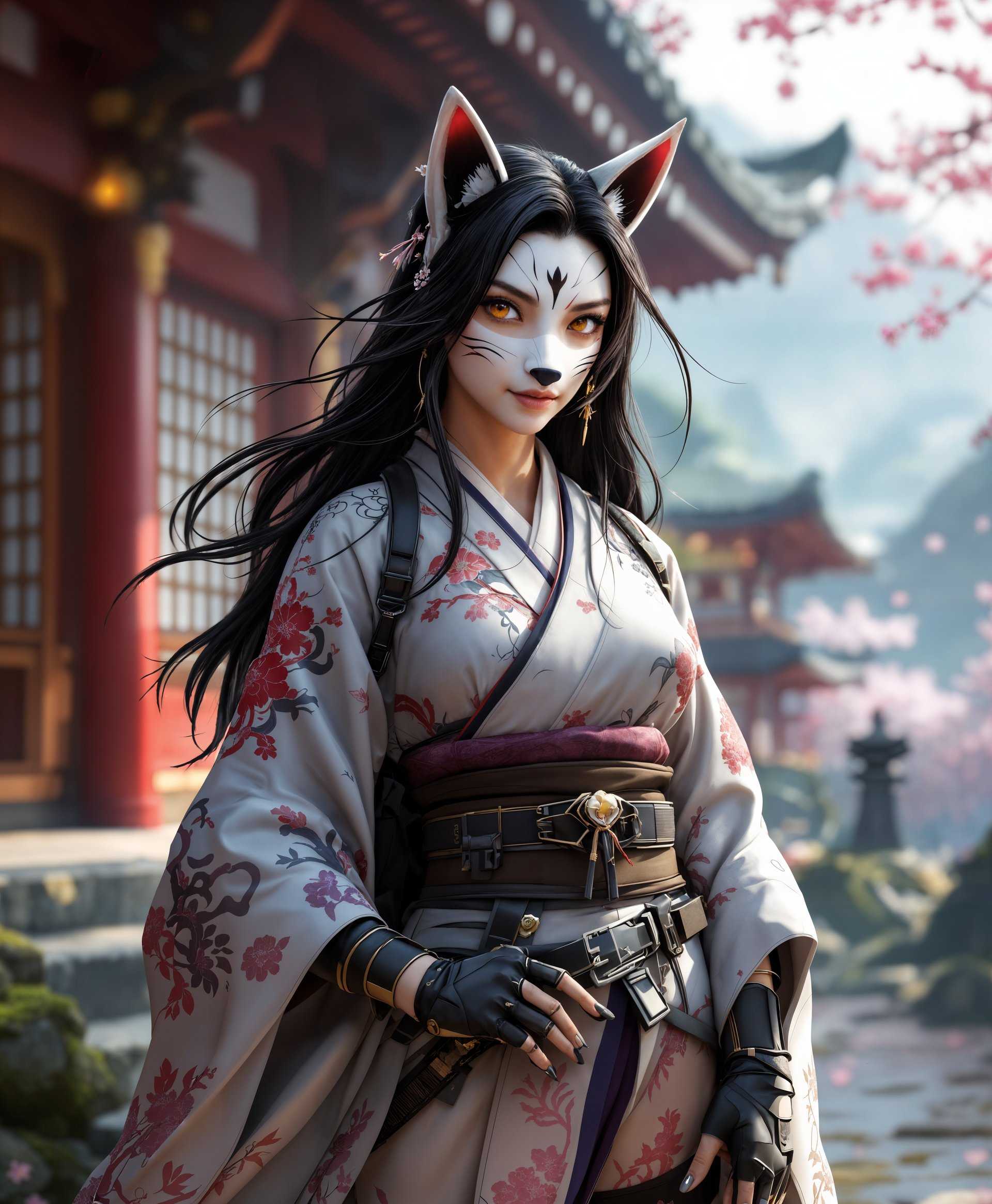 masterpiece, best quality, highres, sharp image, more detail, Create an **ultra-realistic, full-body portrait** of **Kiriko** from the game "Overwatch," set against the **traditional landscapes of Japan**:

- **Character Details:**
  - **Kiriko**: Depict her with her iconic **kitsune mask** slightly tilted to the side, revealing her **piercing eyes** that reflect wisdom and determination. Her **long, dark hair** should flow naturally, with **strands catching the wind**. Her **outfit** is a blend of **traditional Japanese attire** with a modern twist, featuring **intricate embroidery** of **fox motifs** and **sakura blossoms**. The **textures** of her clothing should be **rich and varied**, from the **smooth silk of her kimono** to the **tactile roughness of her combat gear**.
  
- **Background and Setting:**
  - **Japan**: The backdrop should evoke the **timeless beauty of Japan**. Place Kiriko amidst **ancient temples** with **moss-covered stones**, **cherry blossoms** in full bloom, and **a serene pond** reflecting the **majestic Mount Fuji** in the distance. The **architecture** should reflect **Heian period** aesthetics, with **torii gates** leading to a **shrine** hidden by **bamboo groves**.
  
- **Lighting and Atmosphere:**
  - **Lighting**: Utilize **soft, natural light** filtering through the **cherry blossoms**, creating **subtle shadows** and **highlights** on Kiriko's face and attire. The **golden hour** should be just setting in, casting a **warm, ethereal glow** over the scene, enhancing the **mystical and serene ambiance**.
  - **Mood**: Aim for a **tranquil yet dynamic** mood, capturing Kiriko in a **moment of contemplation** before action, with **soft petals** floating in the air, symbolizing the **transience of life**.
  
- **Composition and Style:**
  - **Composition**: Frame Kiriko in a **dynamic pose** with her **weapons** subtly visible, perhaps **kunai** or **shuriken** in her hand, but the focus remains on her **grace and elegance**. The **camera angle** should be **slightly low**, giving her a **heroic stature**.
  - **Artistic Style**: Combine **hyper-realistic rendering** with **elements of traditional Japanese art**, like **ukiyo-e**, to create a **fusion** that pays homage to both **