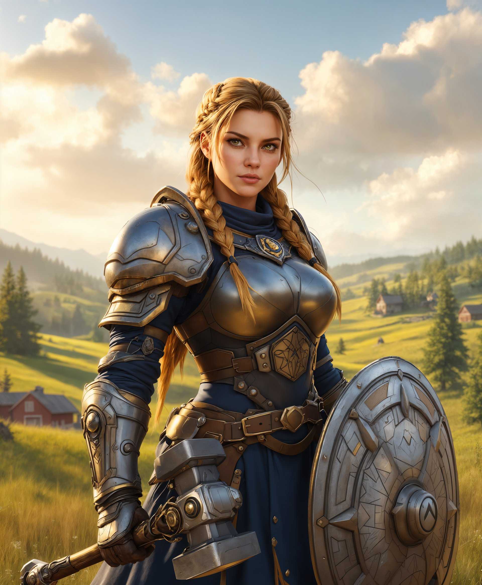 masterpiece, best quality, highres, sharp image, more detail, masterpiece, best quality, highres, sharp image, more detail, **Prompt:**

Craft an ultra-high-resolution full-body portrait of Brigitte from "Overwatch". She stands confidently in the serene Swedish countryside:

- **Character**: Brigitte, with her iconic armor, adorned with intricate Viking-inspired designs. Her hair is braided, and her expression is determined yet serene, capturing her essence as both protector and mechanic.

- **Outfit**: Her armor should glisten with a realistic metallic texture, showing signs of wear and battle. The fabric parts are of a deep blue, providing contrast to the metallic elements. Her shield and hammer are in her hands, with the hammer slightly raised as if about to strike, showcasing its mechanical complexity and the shield bearing the Overwatch logo.

- **Background**: The Swedish landscape unfolds behind her, with rolling green hills, distant pine forests, and traditional red wooden houses. The sky is a mix of soft clouds and the golden glow of late afternoon, casting long shadows and providing a natural, soft light source.

- **Lighting**: Utilize a cinematic lighting technique, where the light source comes from the setting sun, casting dramatic yet warm light on Brigitte, emphasizing the contours of her armor and the texture of her surroundings.

- **Composition**: Brigitte is positioned in a heroic pose, facing slightly to the side but looking directly at the camera. The rule of thirds should be applied, placing her slightly off-center to create visual interest. The background elements should frame her, leading the viewer's eye towards her.

- **Mood and Atmosphere**: The mood is calm and empowering, with the serene Swedish landscape contrasting her readiness for battle, creating a sense of peace and potential action. The atmosphere is crisp, with a light breeze that subtly affects her hair and the leaves.

- **Artistic Style**: Mimic the style of a detailed Renaissance painting, with meticulous attention to detail in textures and fabrics, yet incorporating modern elements like her armor and weaponry to blend historical art with contemporary character design.

- **Technical Aspects**: Use a wide-angle lens effect to give depth to the scene, with a shallow depth of field to blur the background slightly, focusing on Brigitte. Employ photorealistic rendering for the character and her gear, while the background has a painterly touch to differentiate it from the subject.

- **Cohesion**: Ensure that the lighting, color palette, and composition all work together to create a unified scene where Brigitte not only fits into the landscape but also stands out as the focal point, embodying her role as a hero in both the game and this serene setting.