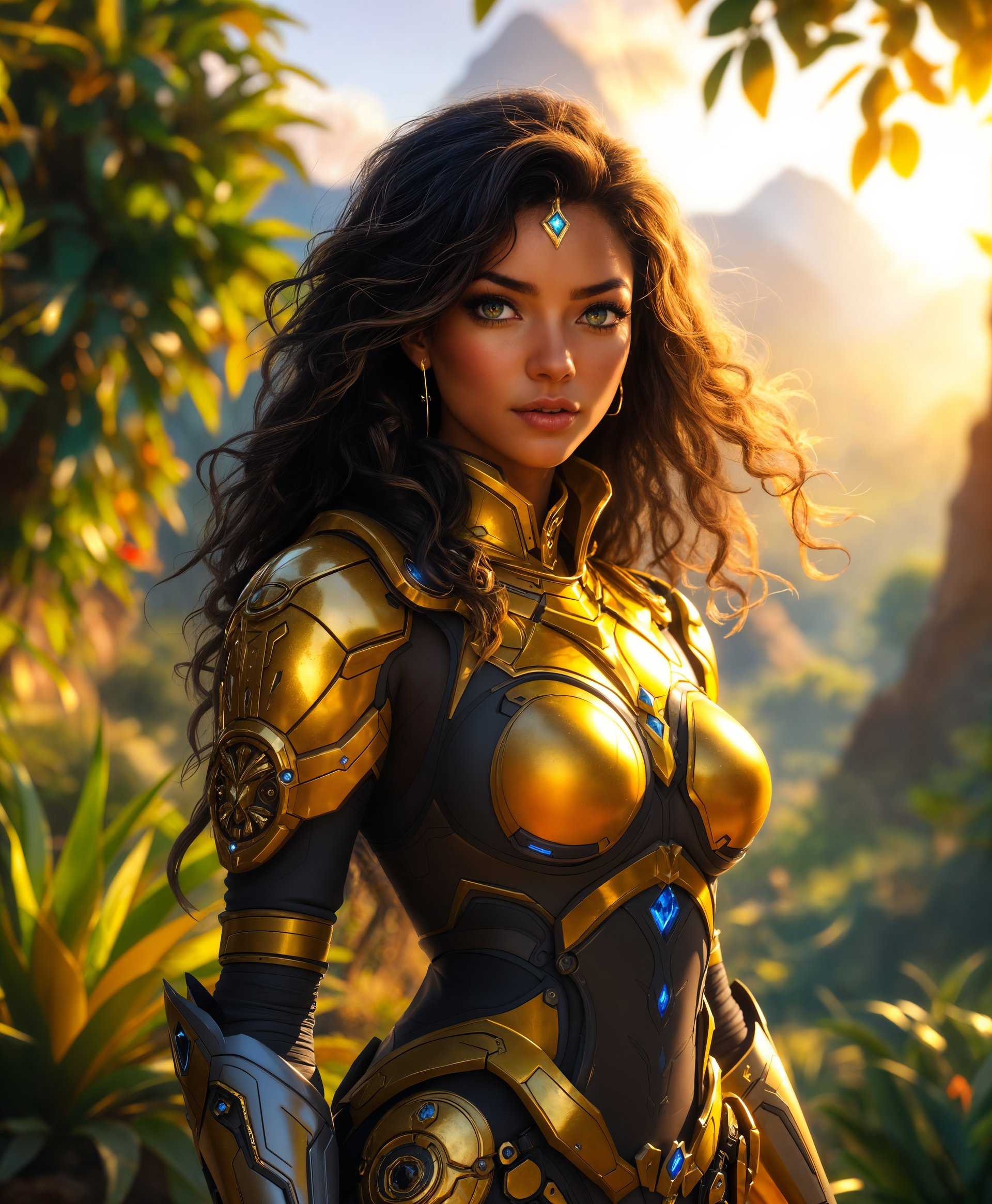 masterpiece, best quality, highres, sharp image, more detail, masterpiece, best quality, highres, sharp image, more detail, **Prompt:**

Create an **Ultra HD** full-body portrait of Illari from "Overwatch" set against the **lush, vibrant landscapes of Peru**. Here are the key elements:

- **Character Details:** Illari stands tall, her **incandescent armor** shimmering with a **golden glow** that contrasts with the **deep greens and earthy browns** of the Peruvian jungle. Her **piercing blue eyes** reflect determination and wisdom, set against her **rich, dark skin**. Her hair flows in **loose, natural curls**, catching the light in a way that suggests the sun's touch.

- **Lighting:** The scene is bathed in **soft, golden hour light**, casting long shadows and highlighting the textures of her armor and the surrounding foliage. 

- **Background:** The background showcases **Peruvian biodiversity**: towering **Puya Raimondii**, the world's largest bromeliad, frames Illari. In the distance, the **Andes mountains** loom majestically, their peaks softened by the golden light.

- **Composition:** Illari is **slightly off-center** to the left, allowing the viewer's eye to wander through the intricate details of her armor to the natural beauty behind her. The camera angle is **slightly low**, giving Illari a heroic stature against the vast landscape.

- **Mood and Atmosphere:** The atmosphere is **serene yet powerful**, with a **gentle breeze** moving the leaves, suggesting a moment of calm before action. The scene exudes a **mystical, almost spiritual quality**, blending the character's futuristic armor with the timeless beauty of nature.

- **Artistic Style:** Capture this in a **hyper-realistic style**, with attention to **fine details** like the **intricate engravings on Illari's armor**, the **texture of her skin**, and the **delicate interplay of light and shadow** throughout the scene.

- **Technical Aspects:** Utilize **bokeh** to softly blur the background, focusing the viewer's attention on Illari, while ensuring the background details are still discernible. Employ **high dynamic range** to capture the full spectrum of colors and light, creating a **cinematic depth of field** to give the image a **photorealistic quality**. 

**Illari stands as a guardian of the ancient and the new, a protector of Peru's rich heritage, poised in a moment of quiet strength.**