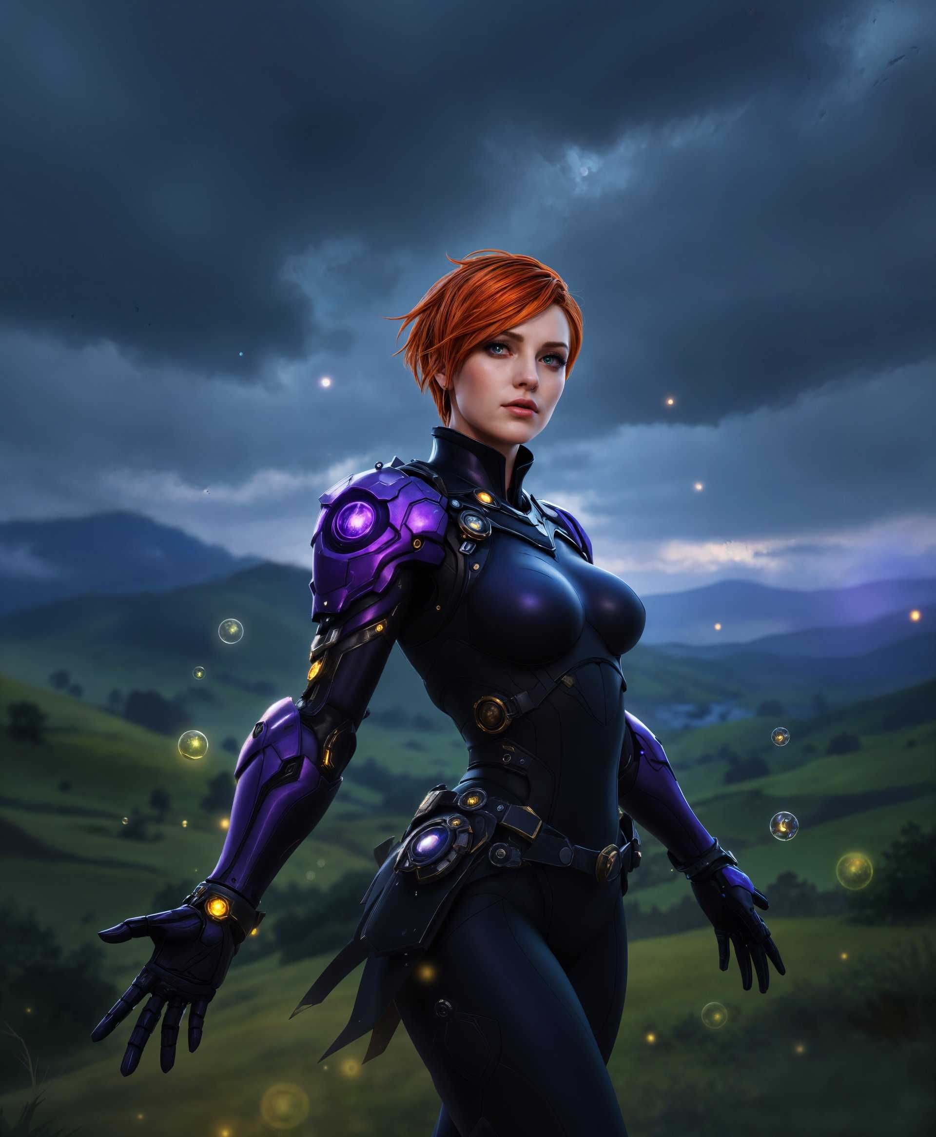 masterpiece, best quality, highres, sharp image, more detail, masterpiece, best quality, highres, sharp image, more detail, A highly detailed full body portrait of Moira from "Overwatch," set against the rolling green hills of Ireland under a moody, overcast sky, emphasizing a dramatic chiaroscuro effect:

- **Visual Details:** Moira's long, flowing dark hair with hints of grey, her distinctive cybernetic arm, and her suit with its dark purple and black tones, contrasting with the vibrant green of the Irish landscape. Her light and dark orbs are in motion, glowing with an ethereal light, casting intricate shadows and reflections.

- **Artistic Style:** Capture the essence of Moira in a style reminiscent of high fantasy illustrations, with a touch of steampunk elements in her attire, merging the fantastical with the technological.

- **Composition:** Position Moira centrally, slightly off-center to the left, allowing space for her orbs to be visible in the foreground and background. Her pose should be dynamic, with one arm outstretched controlling the orbs, while her gaze pierces through the viewer. Use a low camera angle to give her a commanding presence.

- **Mood and Atmosphere:** The scene exudes an atmosphere of mystery and power, with the Irish countryside providing a serene yet eerie backdrop. The time of day is late dusk, with the setting sun casting long, dramatic shadows, enhancing the contrast between light and darkness.

- **Technical Aspects:** Employ a shallow depth of field to focus on Moira, with the orbs slightly blurred to signify their ethereal nature. Utilize dramatic lighting to highlight the contours of her face and the texture of her suit, creating a sense of depth and volume. 

- **Cohesion:** The integration of Moira's dark and light abilities with the natural beauty of Ireland creates a harmonious yet contrasting visual narrative, where technology and magic meet nature.