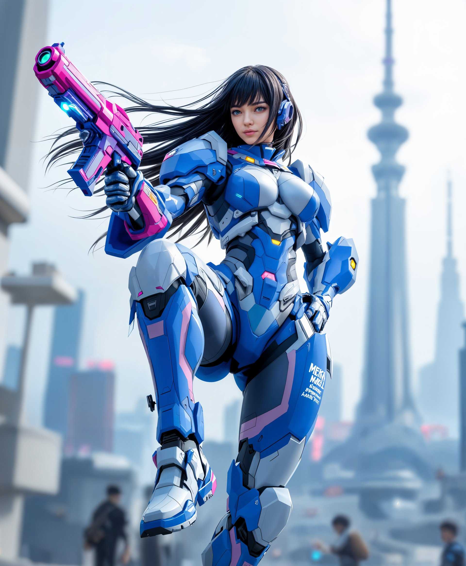 masterpiece, best quality, highres, sharp image, more detail, masterpiece, best quality, highres, sharp image, more detail, Create an AIgenerated image of a character in a dynamic action pose, dressed in a futuristic combat suit with the following specifications1. The suit should be primarily blue with white and pink accents.2. The characters right thigh should have a patch with the text MEKA MOBILE EXOSKELETAL KOREAN ARMS in a stylized font.3. The character is holding a weapon that resembles a futuristic pistol with a pink and purple color scheme and glowing green details.4. The characters left leg is raised in the air, with the foot pointed and the toes curled.5. The characters right arm is extended outward, with the hand open and fingers spread.6. The character has long, flowing dark hair.7. The background should be a blurred urban skyline with a focus on a tall building with a distinctive antenna or spire.8. The overall atmosphere should be energetic and hightech, with a color palette that includes shades of blue, white, pink, and hints of green and purple.