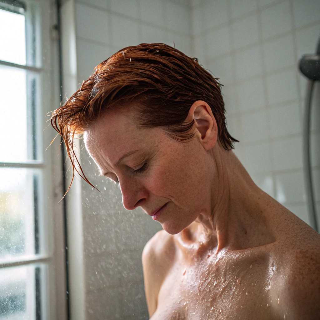 A detailed, candid photograph of a 40-year-old housewife with short, messy red hair, taken in the intimate setting of a shower. Her hair is slicked back, wet with shampoo, creating a frothy texture. The lighting is soft and diffused, mimicking the natural light filtering through a bathroom window, casting a gentle glow on her skin. She is nude, captured in a moment of self-care, with one hand modestly covering a breast, her expression serene yet introspective. The water droplets on her skin glisten, reflecting light in a manner reminiscent of fine art photography. The composition focuses on her from mid-torso up, with the background blurred to emphasize her figure. The mood is tranquil, with an atmosphere of quiet solitude, highlighting the everyday beauty in a domestic scene. Use a shallow depth of field to separate the subject from the background, ensuring the focus remains on her interaction with her own body.