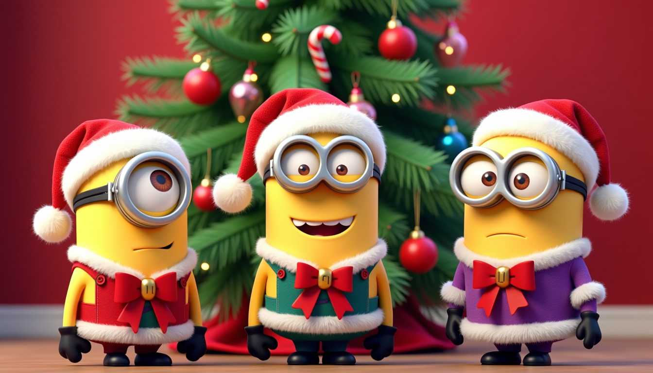 This image is a festive and vibrant depiction of three characters known as Minions from the animated movie franchise Despicable Me. The Minions are dressed in holiday attire, with each one donning a Santa hat and a Christmas outfit that includes a red bow and golden bells. The Minions are standing in front of a decorated Christmas tree, which is adorned with colorful baubles, red bows, and candy canes. The tree is illuminated with twinkling lights, adding to the holiday ambiance. The background is a rich red, which contrasts nicely with the green of the tree and the yellow of the Minions.The art style of the image is cartoonish and threedimensional, with a high level of detail and texture. The Minions have exaggerated facial features and are depicted with a sense of movement and liveliness. The Santa hats are fluffy and white, with red pompoms, and the bows and bells on the Minions outfits are also detailed and shiny. The Christmas tree is depicted with realistic branches and needles, and the baubles and candy canes are reflective and glossy.The colors in the image are bright and cheerful, with a predominance of red, green, and yellow. The Minions skin tone is a pale yellow, and their outfits are a mix of red, purple, and green. The Christmas tree is a lush green, and the baubles and candy canes are a mix of red, blue, and gold. The Santa hats are white with red trim, and the bows and bells are red with golden accents. The overall effect is a visually appealing and festive representation of Christmas.