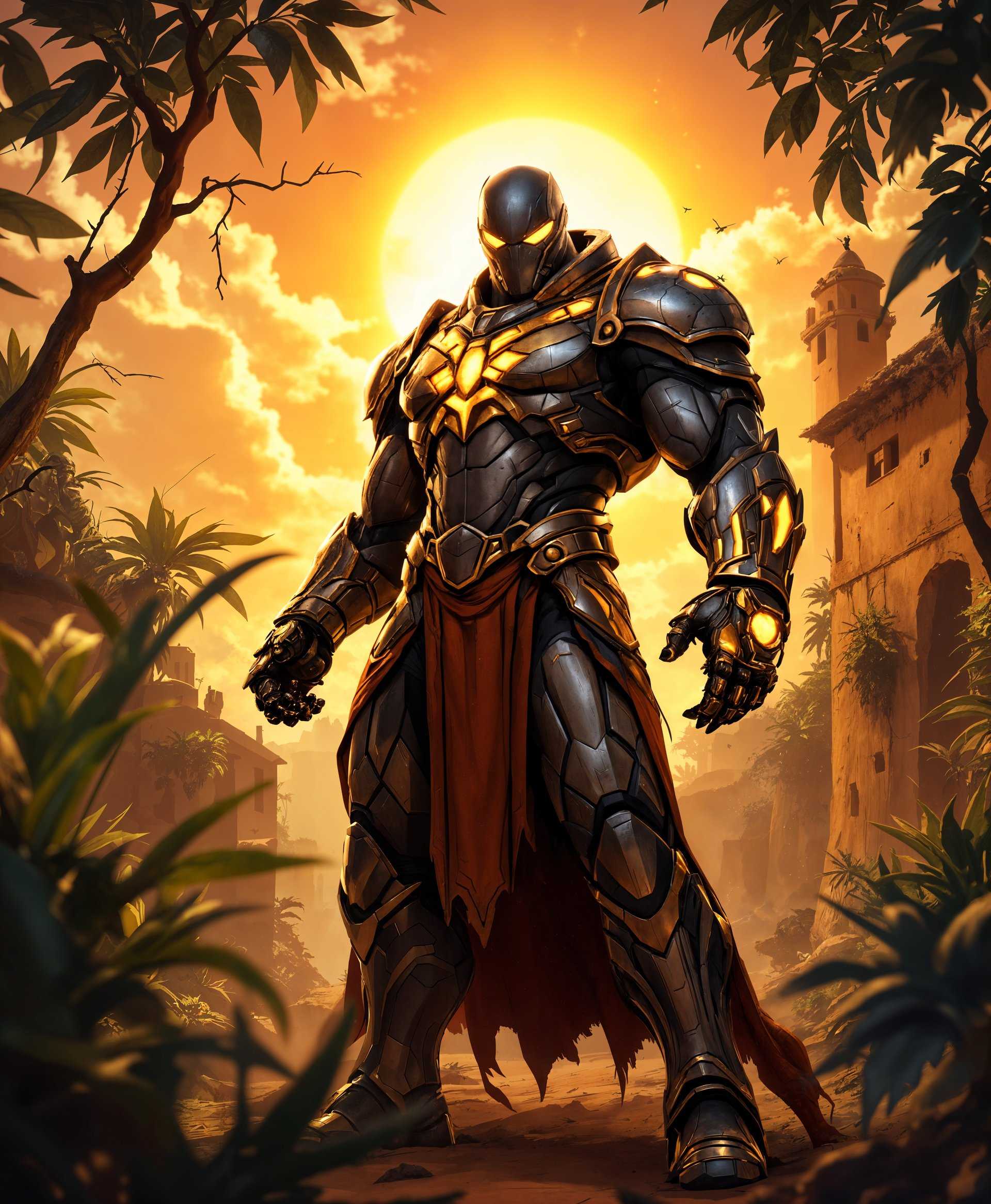 masterpiece, best quality, highres, sharp image, more detail, masterpiece, best quality, highres, sharp image, more detail, **Prompt:** A highly detailed full-body portrait of Doomfist from "Overwatch," showcasing his formidable presence against the vibrant backdrop of Nigeria. The scene captures him in his iconic armor, the metallic surfaces reflecting the golden hues of a setting sun. 

- **Visual Details:** His armor is intricately textured with battle scars, the Doomfist gauntlet prominently displayed, glowing with an ominous energy. The environment around him is lush with the colors of Nigeria; rich greens of the foliage, deep browns of the earth, and the warm tones of adobe structures. 

- **Style:** The image should emulate the dramatic lighting and dynamic composition of comic book art, with a nod to Afrofuturism in design elements, blending traditional Nigerian patterns with futuristic technology.

- **Composition:** Doomfist stands at the center, his figure slightly off-center to draw the eye, with his posture suggesting readiness for battle. The camera angle is low, looking up at him, enhancing his imposing stature. The framing includes elements of the Nigerian landscape, framing him within the environment, yet he remains the undeniable focal point.

- **Mood and Atmosphere:** The setting sun casts long shadows and bathes the scene in a warm, almost fiery glow, creating a contrast between the tranquility of the evening and the tension of an impending confrontation. The atmosphere is charged with a sense of anticipation and the promise of conflict.

- **Technical Aspects:** Utilize chiaroscuro lighting to highlight Doomfist's silhouette against the dusk, emphasizing his physical strength and the energy emanating from his gauntlet. Employ a shallow depth of field to keep the focus on Doomfist while allowing the background to blur slightly, suggesting depth and scale.

- **Cohesion:** The fusion of Doomfist's futuristic armor with the traditional and natural elements of Nigeria creates a harmonious yet dynamic scene, where the character feels both out of place and perfectly at home, embodying the spirit of a hero in an exotic, yet fitting environment.
