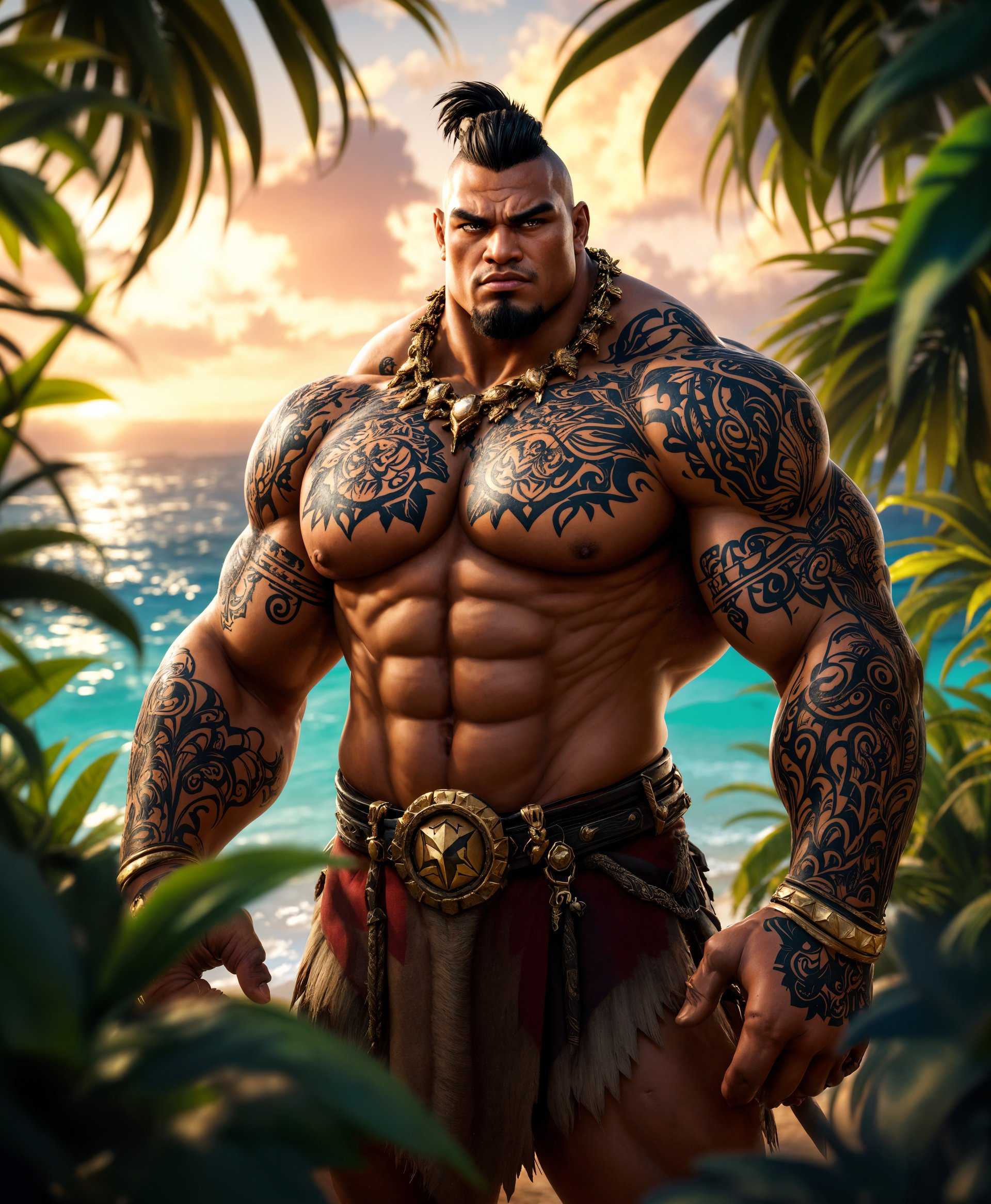masterpiece, best quality, highres, sharp image, more detail, masterpiece, best quality, highres, sharp image, more detail, A **hyper-realistic, full-body portrait** of Mauga from "Overwatch," showcasing his **intricate tattoos** and **muscular physique** with **accurate representation of his Samoan heritage**. The **lighting** is **dramatic**, with **strong highlights and deep shadows** accentuating his facial features and body contours. He stands in a **confident pose**, slightly turned to show his profile, with his **eyes looking directly at the viewer**, conveying a sense of **intensity and power**.

**Background**: The scene is set in **Samoa**, with lush, **vibrant green foliage** framing the image. The **ocean** is visible in the distance, its **turquoise waters** glistening under a **sunset sky** with **soft, warm hues**. The **atmosphere** is **tropical**, with a **gentle breeze** suggested by the slight movement of leaves and the **texture of Mauga's hair**.

**Art Style**: The image is **rendered in a realistic style**, akin to **hyper-detailed digital painting**, with **fine brushwork** capturing the **texture of skin, clothing, and natural elements**. The **composition** follows the **golden ratio**, placing Mauga slightly off-center to create a **dynamic balance**. 

**Technical Details**: Use **depth of field** to blur the background slightly, ensuring Mauga remains the **focal point**. Employ **ray tracing** for realistic lighting and **reflections**, enhancing the **visual depth** of the scene. The **mood** is **serene yet powerful**, with the **contrast** between the **peaceful environment** and **Mauga's imposing presence** creating an **intriguing visual narrative**.