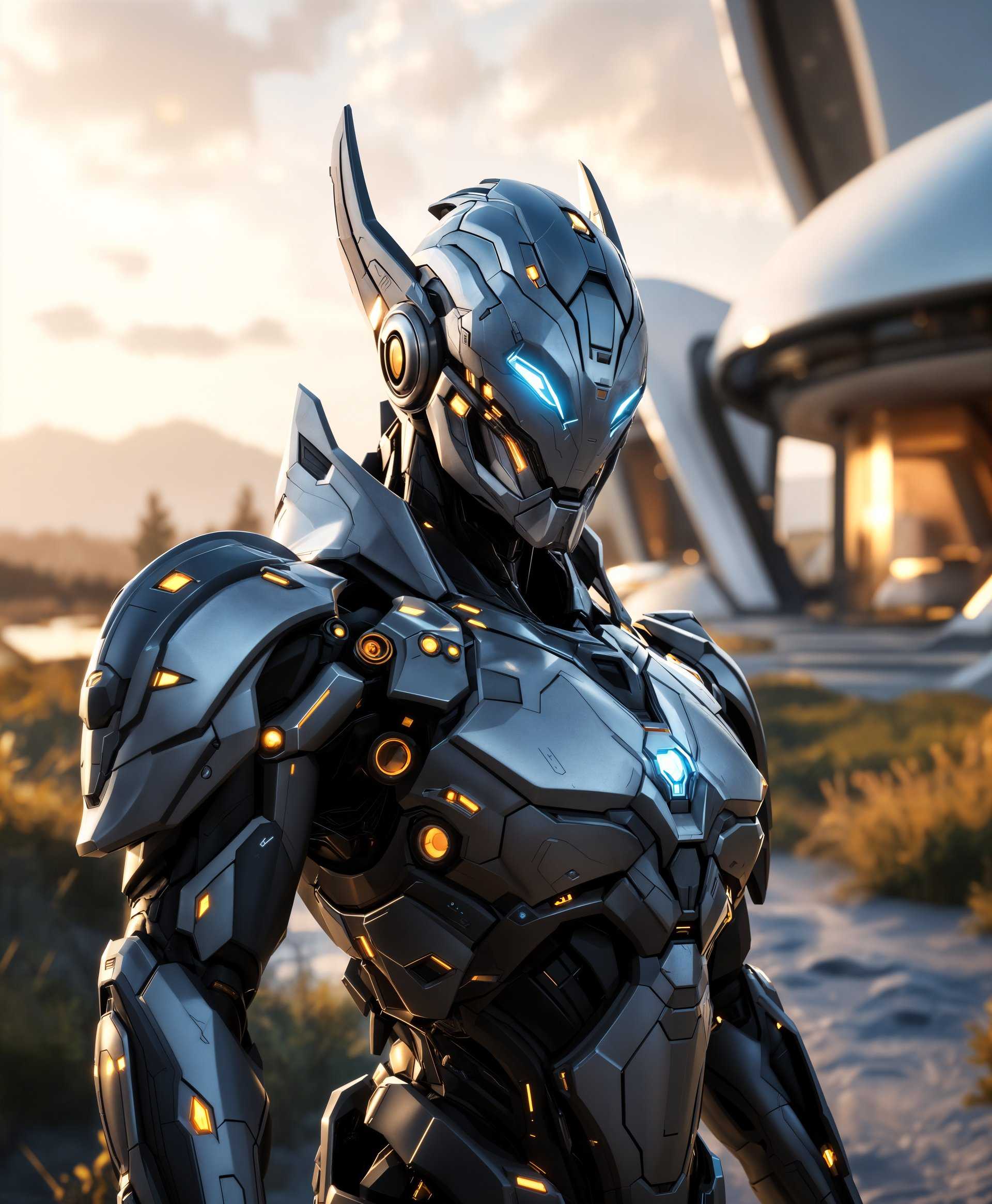 masterpiece, best quality, highres, sharp image, more detail, masterpiece, best quality, highres, sharp image, more detail, A hyper-realistic, full-body portrait of Ramattra from "Overwatch," showcasing intricate details of his omnic design, with a focus on the textures of his metallic armor, the glow of his eyes, and the subtle reflections on his surfaces. His pose exudes power and grace, with a slight turn of the head to engage the viewer. The background depicts a futuristic robotics facility in the countryside, with sleek, modern architecture blending into the serene landscape, under a soft, golden hour lighting that highlights the contrast between nature and technology. The atmosphere is calm yet charged with potential energy, reminiscent of a high-tech utopia. The composition uses a medium shot, with Ramattra slightly off-center, allowing for depth through the use of leading lines from the facility's design. The style merges digital art with elements of cyberpunk aesthetics, capturing a moment where technology and nature harmoniously coexist.
