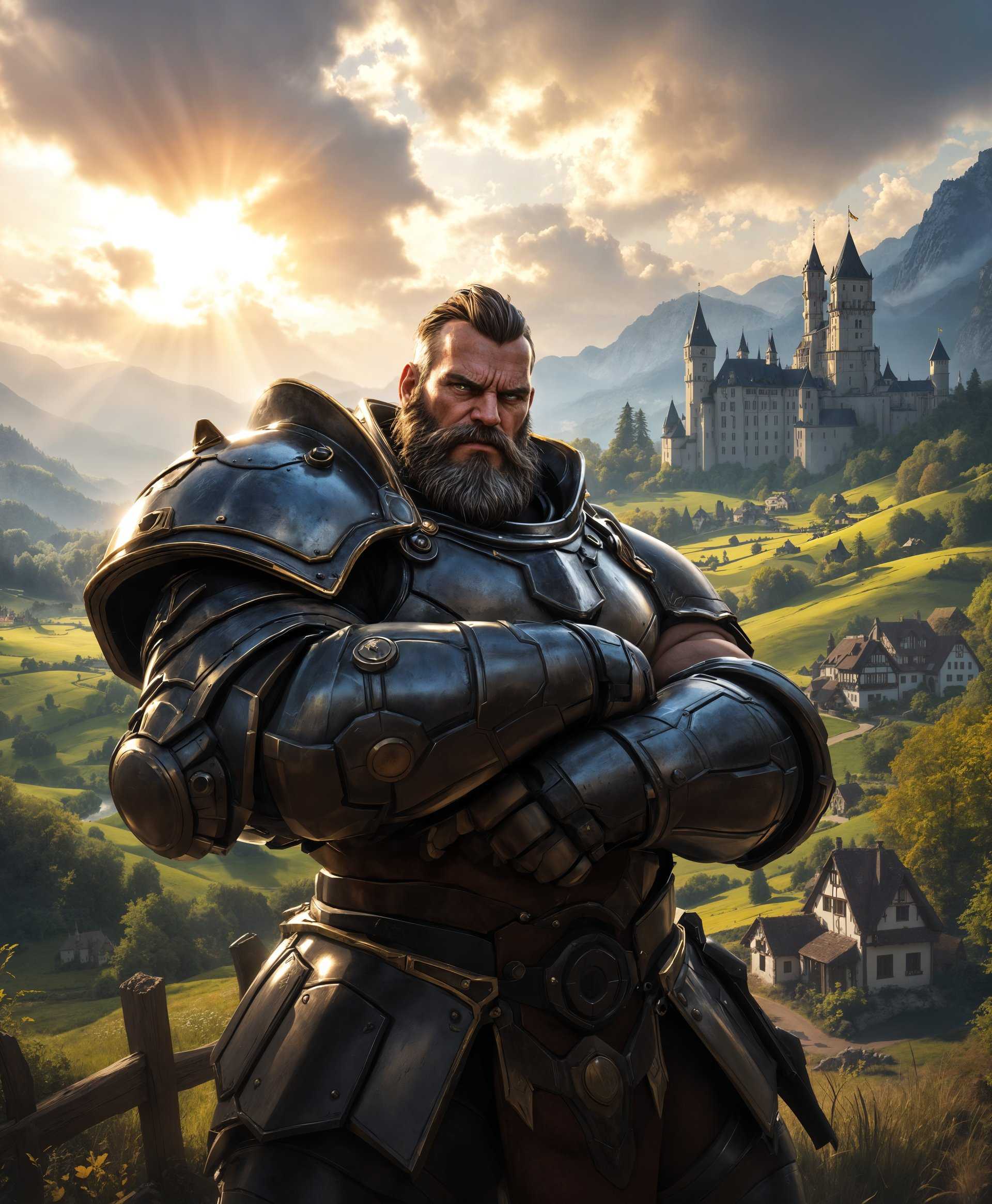 masterpiece, best quality, highres, sharp image, more detail, masterpiece, best quality, highres, sharp image, more detail, A highly detailed full-body portrait of **Reinhardt** from *Overwatch*, captured with:

- **Subject**: Reinhardt in full battle armor, his face mask slightly ajar, revealing his intense gaze. His stance is heroic, arms crossed, hammer resting against his shoulder, exuding strength and determination.

- **Background**: A picturesque German countryside scene, with rolling hills, lush green fields, and traditional half-timbered houses. The backdrop includes a small village, with the iconic German castle, Neuschwanstein, in the distance, under a dramatic sky with clouds parting to let through golden rays of sunlight.

- **Style**: Photorealistic with a touch of hyper-realism, capturing the intricate details of Reinhardt's armor, the texture of the countryside, and the depth of the landscape. Use techniques reminiscent of German Expressionism for an exaggerated, emotional portrayal.

- **Lighting**: Late afternoon light, casting long shadows and highlighting the textures of the armor, creating a chiaroscuro effect. The sun is low, providing a warm, golden glow that contrasts with the cool tones of the surrounding landscape.

- **Composition**: Reinhardt is centered, with the landscape stretching out behind him, creating depth. The camera angle is slightly low, looking up at him, emphasizing his imposing figure against the vastness of the German countryside.

- **Mood and Atmosphere**: The mood is one of quiet strength and reflection, with the serene beauty of the German countryside juxtaposed with Reinhardt's readiness for battle, evoking a sense of peace before the storm.

- **Technical Aspects**: Utilize depth of field to blur the background slightly, focusing on Reinhardt. Employ a high dynamic range (HDR) to capture the full spectrum of light and shadow, enhancing the realism. Use a wide-angle lens to encapsulate the expansive landscape while keeping Reinhardt as the focal point.