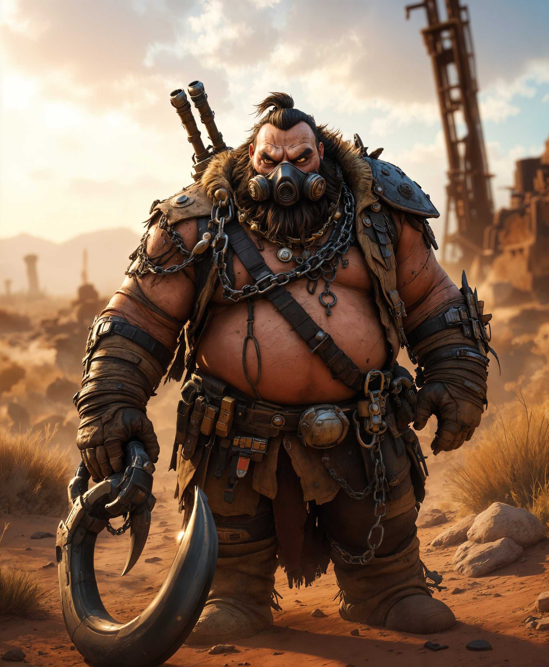 masterpiece, best quality, highres, sharp image, more detail, masterpiece, best quality, highres, sharp image, more detail, Create a highly detailed full body portrait of Roadhog from the Overwatch video game, set against the rugged Australian outback:

**Subject Details:**
- Capture Roadhog with his iconic gas mask, leather jacket adorned with various straps and chains, and his large, mechanical hook.
- His posture should exude a sense of rugged strength, with a slight lean to one side, showcasing his bulky build and imposing presence.
- Include the wear and tear on his attire, showing the rough life he's led, with scuffs, tears, and patches of dirt.

**Background Setting:**
- The backdrop should be the harsh, sun-drenched Australian outback, with sparse vegetation, dry, cracked earth, and distant, hazy mountains.
- Incorporate elements like rusted metal structures, old mining equipment, or abandoned vehicles to hint at the human impact on this desolate landscape.
- The time of day should be late afternoon, with the sun casting long, dramatic shadows and the light filtering through dust in the air, creating a soft, golden glow.

**Artistic Style:**
- Utilize a photorealistic approach with hyper-detailing, focusing on textures like the roughness of leather, the sheen of metal, and the dust on Roadhog's gear.
- The style should mimic that of high-end video game character art, blending realism with a touch of stylized exaggeration to emphasize his larger-than-life persona.

**Composition:**
- Frame Roadhog centrally with a low camera angle to accentuate his size and presence, making him appear even more imposing.
- Use a shallow depth of field to blur the distant outback, focusing the viewer's attention on Roadhog while still conveying the vastness of the environment.

**Mood and Atmosphere:**
- The mood should reflect solitude, resilience, and an unspoken story of survival in a tough environment, with the atmosphere being hot, dusty, and slightly oppressive.
- The lighting should be harsh, creating strong contrasts between shadows and highlights, enhancing the dramatic effect.

**Technical Aspects:**
- Utilize techniques like rim lighting to highlight Roadhog's silhouette against the bright sky, and subtle lens flare to suggest the sun's intensity.
- Employ HDR (High Dynamic Range) techniques to capture the full spectrum of light, from the darkest shadows to the brightest highlights, ensuring a vivid, lifelike portrayal.

This detailed prompt aims to craft a visually compelling and atmospheric portrait of Roadhog, integrating him seamlessly into the Australian outback setting.