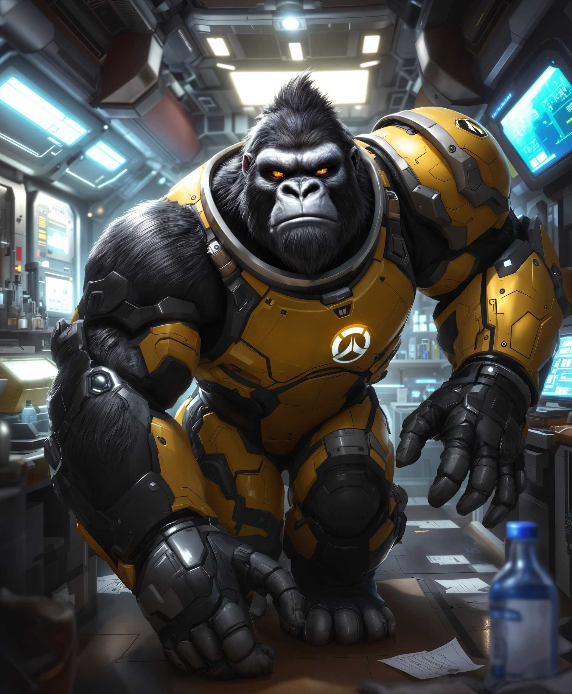 masterpiece, best quality, highres, sharp image, more detail, masterpiece, best quality, highres, sharp image, more detail, **Prompt:**

Create a highly detailed full-body portrait of Winston, the genetically enhanced gorilla from "Overwatch". Here are the specifics:

- **Character Details:**
  - Winston is depicted with his iconic yellow and black jumpsuit, with the Overwatch logo prominently displayed on his chest.
  - His face should show intelligence, determination, and a hint of playfulness, capturing his unique personality.
  - Include his large, expressive eyes and the fine fur texture, with highlights of silver around his muzzle and chest.
  - Show him in a dynamic pose, perhaps slightly turned to show his powerful physique, with one arm extended towards the viewer.

- **Background:**
  - Set the scene in a futuristic laboratory, with a mix of sleek metal surfaces and advanced technology.
  - The lab should feature scientific equipment like beakers, glowing screens, and holographic interfaces, all in a state of active use.
  - Incorporate elements of chaos to suggest recent experiments or breakthroughs, with papers scattered around and a few pieces of equipment in disarray.

- **Lighting:**
  - Use a mix of harsh fluorescent lighting from overhead lab lights and the soft glow from various screens and interfaces to create dramatic contrasts.
  - Ensure Winston is well-lit to highlight his fur's texture and the details of his suit, with shadows adding depth to his form.

- **Composition:**
  - Center Winston in the frame, using the rule of thirds to place him slightly off-center, allowing room for the lab environment to tell a story.
  - Frame the shot with a low angle to emphasize his imposing figure and the grandeur of the lab.

- **Mood and Atmosphere:**
  - The atmosphere should be one of scientific wonder and tension, with an undercurrent of excitement and urgency.
  - The time should be evening, with the lab's lights casting a cool blue hue, contrasting with the warmer tones of Winston's fur.

- **Technical Aspects:**
  - Employ depth of field to keep Winston in sharp focus while allowing parts of the background to blur, directing attention to him.
  - Use HDR techniques to capture the full range of light in the scene, from the bright screens to the darker corners of the lab.

**Final Image:** A cohesive scene that blends the character's detailed portrait with an environment that tells a story of scientific advancement and the personal journey of Winston.