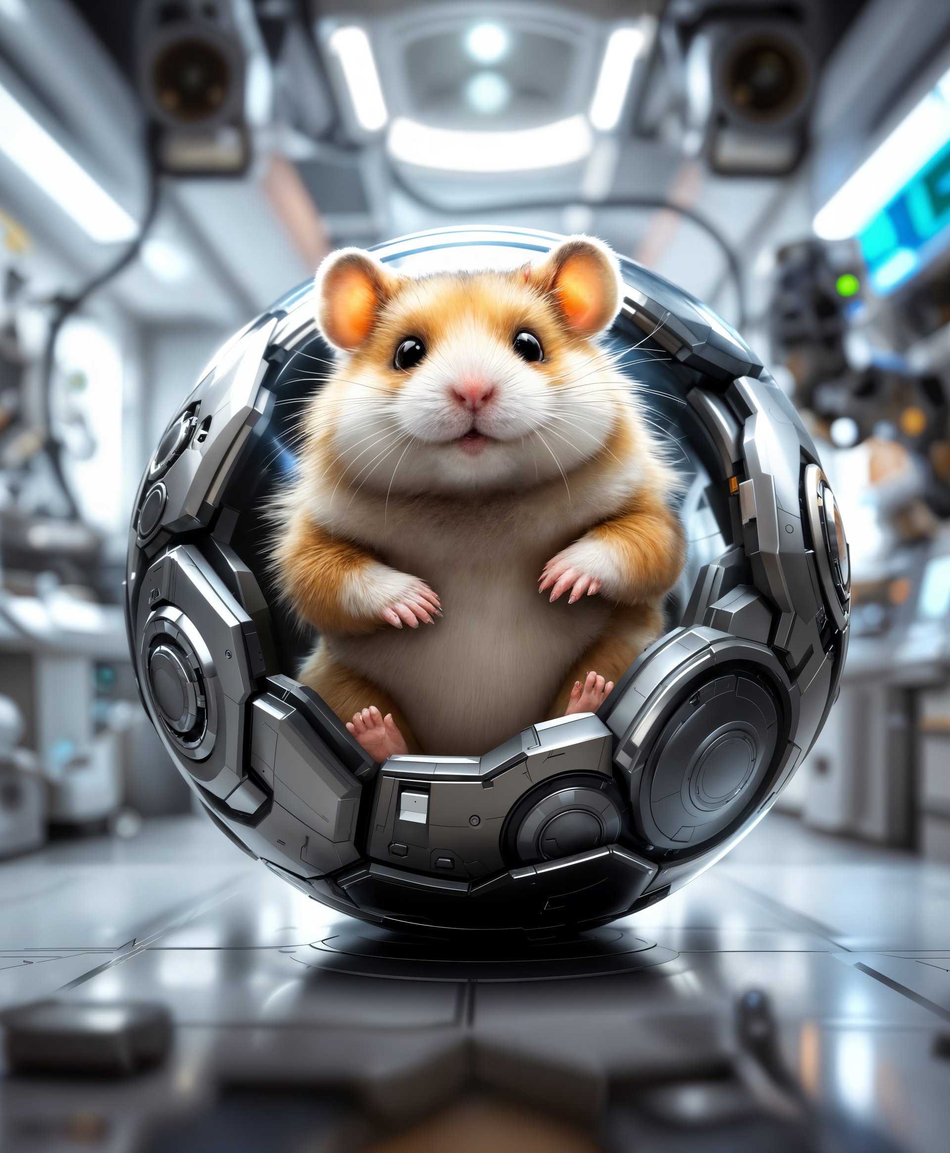 masterpiece, best quality, highres, sharp image, more detail, masterpiece, best quality, highres, sharp image, more detail, Create a hyper-realistic, full-body portrait of **Wrecking Ball** from "Overwatch", capturing the essence of both the adorable hamster and his complex robotic ball. 

**Visual Details:**
- **Hamster:** Focus on the intricate fur texture, with individual hairs visible, the bright, alert eyes, and the playful posture within the ball. Use soft, warm colors for the hamster to contrast with the metallic tones of the robot.
- **Robot Ball:** Show every mechanical detail, from the metallic sheen to the visible gears, hydraulics, and control panels. The ball should reflect light, showing off its polished surface with subtle scratches and wear to indicate its use in battle.
- **Laboratory Background:** The setting is a high-tech lab with sterile, white surfaces interspersed with advanced machinery. Include holographic displays, mechanical arms, and various scientific instruments. Ensure the lab has a futuristic yet functional feel.

**Style:**
- Adopt a **photorealistic** style with elements of **cyberpunk** aesthetics for the lab, emphasizing the contrast between organic life and high technology.

**Composition:**
- Position Wrecking Ball in the center, with the hamster looking out, engaging with the viewer. The ball should be slightly open, allowing a glimpse inside. Use a low angle shot to make the mech appear imposing and dominant in the lab environment.
- The lab should be visible behind and around Wrecking Ball, with depth of field focusing primarily on him but allowing for recognizable lab elements in the background.

**Mood and Atmosphere:**
- The scene should evoke a sense of **technological wonder** mixed with the **whimsy** of the hamster's playful nature. Lighting should be clinical and bright from the lab's overhead lights, with perhaps a soft glow emanating from the mech itself.

**Technical Aspects:**
- Utilize **bokeh** to blur parts of the lab background, focusing on the intricate details of the robot and hamster. Use **shallow depth of field** to highlight the character while keeping the background detailed but not distracting. 

**Cohesion:**
- Ensure the elements of the laboratory, the robotic ball, and the hamster all harmonize to tell the story of a high-tech experiment in progress, with the hamster as the central, living element, bringing life to the cold, mechanical environment.