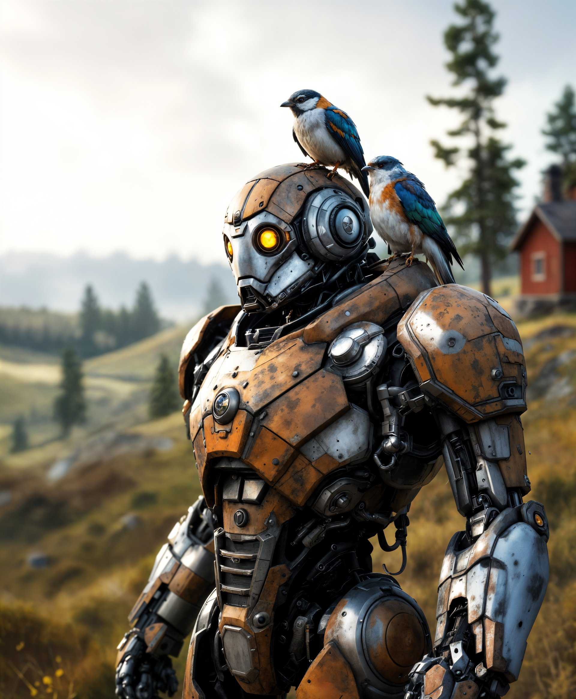 masterpiece, best quality, highres, sharp image, more detail, masterpiece, best quality, highres, sharp image, more detail, A highly detailed full body portrait of Bastion, the robot from Overwatch, set against the serene backdrop of rural Sweden. **Visual Details:** Bastion's metallic body is rendered with precise textures showcasing rust and wear, with a slight reflective sheen under soft, natural light. His avian companion, perched on his shoulder, adds a touch of life with its vibrant feathers and curious expression. **Style:** The image should emulate a realistic, photorealistic style, capturing the intricate mechanical details of Bastion with the finesse of a fine art portrait, reminiscent of the works by artists like H.R. Giger or Syd Mead. **Composition:** Bastion stands prominently in the center, his body angled slightly towards the camera, which is positioned at eye level to give a sense of scale and presence. The background features a pastoral Swedish landscape with rolling hills, a traditional red wooden cabin, and distant pine trees, all under a gentle overcast sky. **Mood and Atmosphere:** The atmosphere is tranquil yet slightly melancholic, with the soft light of a late afternoon casting long shadows, and a light mist in the air creating a sense of mystery and depth. **Technical Aspects:** Utilize a shallow depth of field to focus on Bastion while allowing the background to blur slightly, enhancing the three-dimensional feel. The image should be captured with a high dynamic range to balance the lighting and colors, with attention to the contrast between the warm tones of the environment and Bastion's cool, metallic surface. **Cohesion:** The scene is unified by the interplay of nature's serenity with the mechanical existence of Bastion, creating a narrative of coexistence between technology and the natural world.