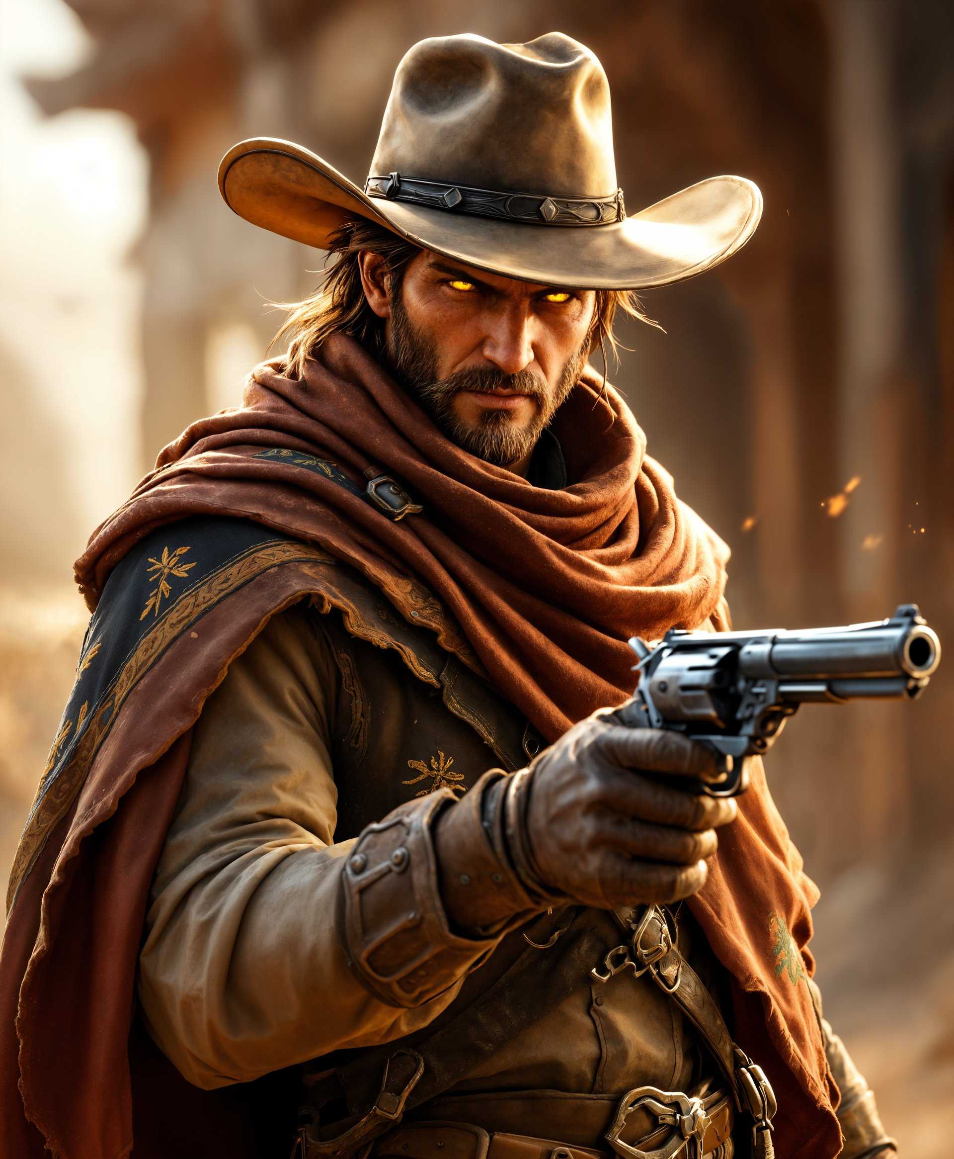 masterpiece, best quality, highres, sharp image, more detail, masterpiece, best quality, highres, sharp image, more detail, A highly detailed full-body portrait of **Mcree** from the game "Overwatch," showcasing:

- **Character Details:** Mcree in his iconic cowboy attire, including his hat, serape, and revolver. Emphasize the weathered look of his clothing, the detailed embroidery, and the weathered texture of his leather boots. Capture the glint of light in his eyes, reflecting a mix of determination and weariness.

- **Visual Elements:**
  - **Textures:** The rough, aged leather of his boots and belt, the soft, worn fabric of his serape, and the smooth, polished surface of his revolver.
  - **Colors:** Warm earth tones dominate, with shades of browns, reds, and ochres, contrasted by the cool silver of his spurs and gun.
  - **Lighting:** Late afternoon sunlight casting long shadows, highlighting the creases in his face and the dust particles in the air.

- **Artistic Style:** Emulate a **Western movie still** with a slight cinematic flair, reminiscent of Sergio Leone's Spaghetti Westerns, yet with a modern digital art touch to enhance realism and detail.

- **Composition:**
  - **Framing:** Full body shot, with Mcree standing slightly off-center, leaning casually against an old, sun-bleached wooden fence.
  - **Camera Angle:** Low angle to make Mcree appear heroic and larger than life, with his gun slightly drawn as if he's about to face an unseen adversary.

- **Mood and Atmosphere:**
  - **Time of Day:** Late afternoon, with the sun setting behind Mcree, creating a silhouette effect around his figure.
  - **Weather:** A clear sky with a slight breeze, suggesting a warm but not oppressive day in the American countryside.
  - **Ambiance:** A sense of anticipation, the calm before the storm, with the viewer feeling Mcree's readiness for action.

- **Technical Aspects:** Utilize depth of field to blur the expansive American landscape in the background, focusing sharply on Mcree. Employ a high resolution to capture the intricate details of his face, gun, and clothing. 

- **Cohesion:** The scene should feel like a still from an epic Western, where Mcree, with his iconic pose, stands as a testament to the wild, untamed spirit of the American frontier, all while the elements of the prompt blend seamlessly to create a believable, atmospheric portrait.
