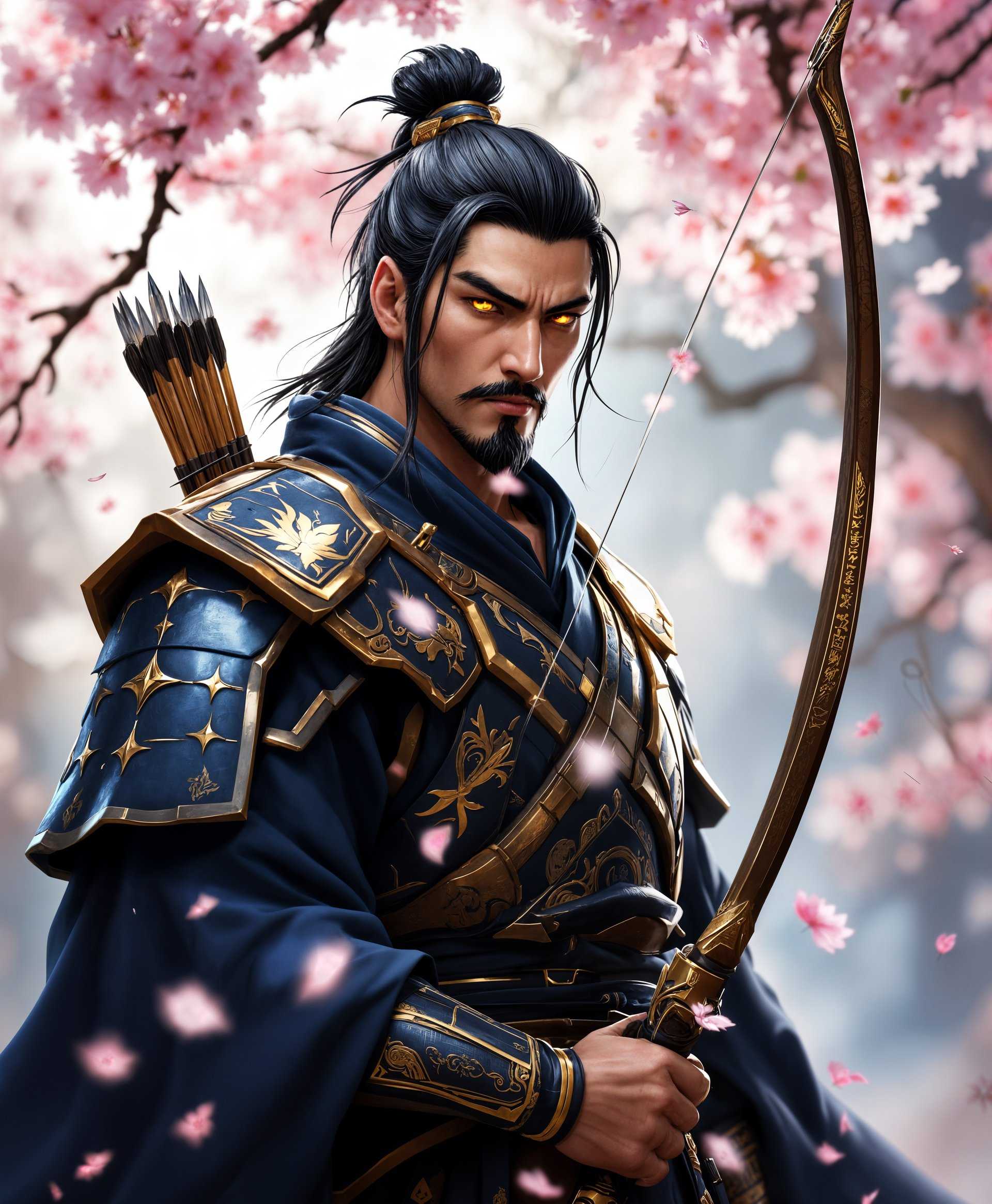 masterpiece, best quality, highres, sharp image, more detail, masterpiece, best quality, highres, sharp image, more detail, ```plaintext
A highly detailed, full-body portrait of Hanzo from Overwatch, standing in a traditional Japanese setting. Hanzo is depicted in his iconic attire, featuring intricate textures on his armor with a subtle sheen, and his bow and arrows are meticulously crafted, showing fine engravings. His expression is focused and serene, embodying his disciplined nature.

**Visual Details:**
- Hanzo's hair is jet black, styled traditionally, with a few loose strands falling gently around his face.
- His eyes are piercing, with a slight glow, reflecting his spiritual connection to his heritage.
- The armor is a blend of modern and traditional elements, with metallic hues of blue and gold, complemented by a deep, rich indigo in his clothing.
- The environment around him reflects a blend of nature and culture: cherry blossoms in full bloom, with petals gently falling, creating a soft, ethereal light.

**Artistic Style:**
- The image captures the essence of Ukiyo-e woodblock prints, with its bold lines and vibrant colors, yet modernized to include the dynamic feel of a comic book illustration.
- Lighting is soft and diffused, reminiscent of an early evening in spring, with shadows cast in a way that highlights Hanzo's form.

**Composition:**
- Hanzo stands in the center, his pose dynamic yet grounded, with one foot slightly forward as if ready to draw his bow.
- The camera angle is slightly low, looking up at him, emphasizing his commanding presence and the grandeur of the setting.
- The background features a traditional Japanese garden with a pagoda in the distance, framed by cherry blossom trees.

**Mood and Atmosphere:**
- The scene exudes tranquility and the solemn beauty of a Japanese spring, with the subtle sounds of nature and the distant echo of a temple bell.
- There's a sense of timelessness, as if Hanzo has stepped out of history into this moment.

**Technical Aspects:**
- Depth of field focuses on Hanzo, with the background slightly blurred to enhance the sense of depth and immersion.
- The image should exhibit a high resolution, allowing for the appreciation of minute details in both Hanzo's attire and the surrounding environment.
- Utilize techniques like rim lighting to outline Hanzo against the darker background, creating a striking silhouette effect.
```