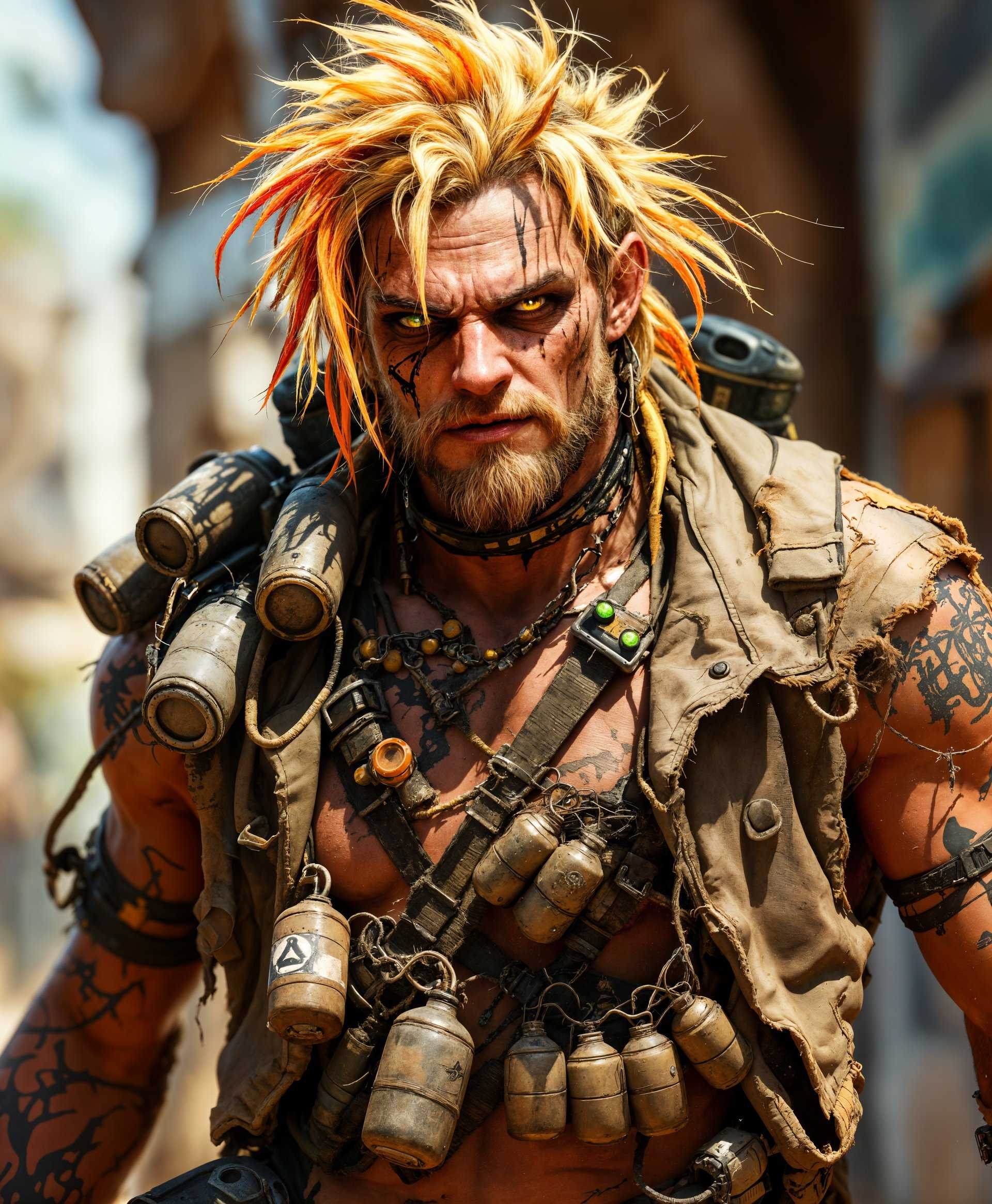 masterpiece, best quality, highres, sharp image, more detail, masterpiece, best quality, highres, sharp image, more detail, A highly detailed, full-body portrait of Junkrat from "Overwatch," showcasing his unique, chaotic aesthetic. His skin should appear sunburnt, with visible scars and tattoos, reflecting his explosive nature. His hair is unkempt, a wild mane of dirty blonde, with a few strands falling over his crazed, energetic eyes. 

**Visual Details:**
- **Costume:** He wears his signature outfit, complete with a peg leg, a bomb belt, and various grenades strapped across his chest. The fabric of his clothes should look worn and tattered, with frayed edges and patches, suggesting a life spent in the harsh Australian outback.
- **Color Palette:** Use earthy tones for his attire, with the vibrant orange of his hair and the neon green of his bombs standing out against the muted backdrop.
- **Lighting:** Bright, harsh Australian sunlight casts deep shadows, emphasizing his rugged features and the texture of his gear.

**Style:**
- The style should mimic a mix of grunge art and post-apocalyptic realism, capturing the essence of a survivalist in a devastated landscape.

**Composition:**
- **Subject Positioning:** Junkrat is standing, perhaps leaning slightly to one side for balance, with one leg slightly bent, exuding a sense of readiness and chaos. His posture should be dynamic, as if caught mid-step or about to spring into action.
- **Camera Angle:** A low-angle shot to make him appear larger than life, enhancing his wild, imposing presence.
- **Framing:** The frame should be slightly wide to include his entire form and some of the environment, creating a sense of depth.

**Mood and Atmosphere:**
- The scene should evoke the harsh, unforgiving landscape of the Australian Outback. The time of day is late afternoon, with the sun low in the sky, casting long shadows and bathing the scene in warm, golden light. Dust particles hang in the air, and the atmosphere is dry, with heat waves visible in the distance.

**Technical Aspects:**
- Utilize depth of field to focus sharply on Junkrat while allowing the background to blur slightly, enhancing the focus on his character.
- Employ high dynamic range (HDR) techniques to capture the contrast between the bright sky and the darker, detailed areas of Junkrat's costume.

**Cohesion:**
- Every element from the lighting, to the composition, to the detailed portrayal of Junkrat's attire and the Australian setting, should work together to portray a scene of survival, chaos, and the vibrant character of Junkrat in his natural
