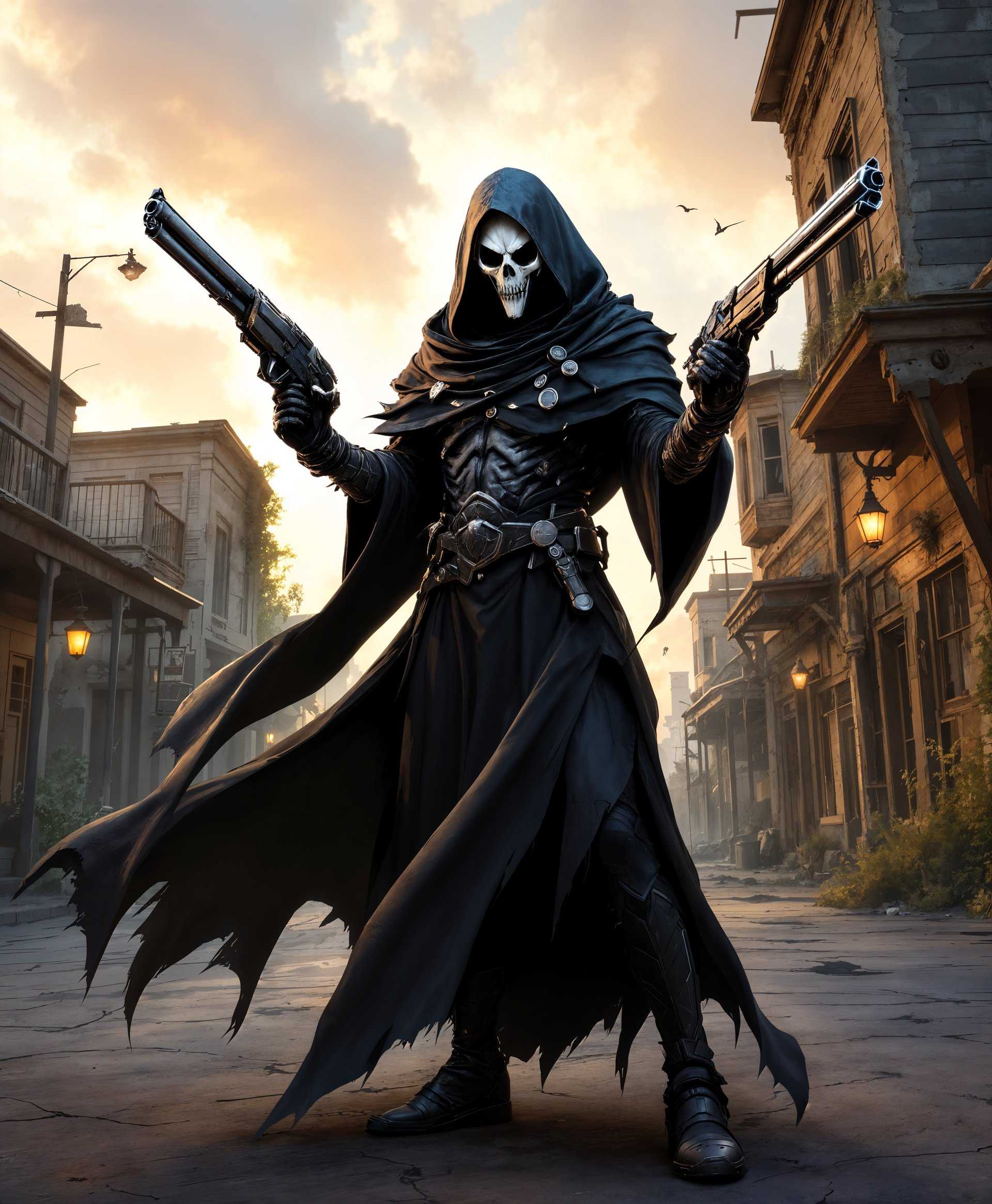 masterpiece, best quality, highres, sharp image, more detail, masterpiece, best quality, highres, sharp image, more detail, A highly detailed, full-body portrait of Reaper, the iconic death mask villain from "Overwatch," brandishing his dual, menacing shotguns. His cloak billows slightly, hinting at movement, while his skeletal mask captures an eerie, ethereal glow from the ambient light. 

**Setting:** 
- Reaper stands in a desolate, abandoned town square, reminiscent of a forgotten American ghost town. The background features dilapidated buildings with peeling paint, broken windows, and overgrown vegetation, creating an atmosphere of neglect and desolation.
  
**Visual Details:**
- **Reaper:** His costume is textured with dark, matte fabrics, contrasting with the shiny, metallic surfaces of his guns. Subtle wear and tear on his cloak suggest a history of battles, with slight tears and bullet holes.
- **Environment:** The scene is bathed in the golden hour light, casting long shadows and highlighting the textures of the weathered wood and cracked asphalt. 

**Artistic Style:**
- The image is rendered in a hyper-realistic style, with a focus on photorealistic textures and lighting. The style combines elements of dark fantasy with a touch of post-apocalyptic western, echoing the aesthetic of a high-end video game still.

**Composition:**
- Reaper is centrally positioned, his figure dominating the foreground, his guns aimed slightly off-camera to engage the viewer directly. The camera angle is slightly low, enhancing his imposing presence.
- The background elements are arranged to guide the eye towards Reaper, with lines of decayed architecture framing him, creating a natural vignette effect.

**Mood and Atmosphere:**
- The atmosphere is somber yet dynamic, with the eerie calm of an abandoned town broken only by the subtle wind moving Reaper's cloak. The lighting contributes to a moody, almost cinematic feel, with a slight fog hanging in the air, suggesting the approach of dusk.

**Technical Aspects:**
- Depth of field focuses sharply on Reaper, with the background slightly blurred to emphasize his figure. The use of chiaroscuro enhances the dramatic contrast between light and shadow, adding depth and a sense of foreboding.

**Cohesion:**
- All elements, from the detailed portrayal of Reaper to the atmospheric backdrop, work in harmony to create a scene that feels both authentic to the Overwatch universe and deeply immersive, capturing the essence of a character who thrives in the shadows of a forgotten America.