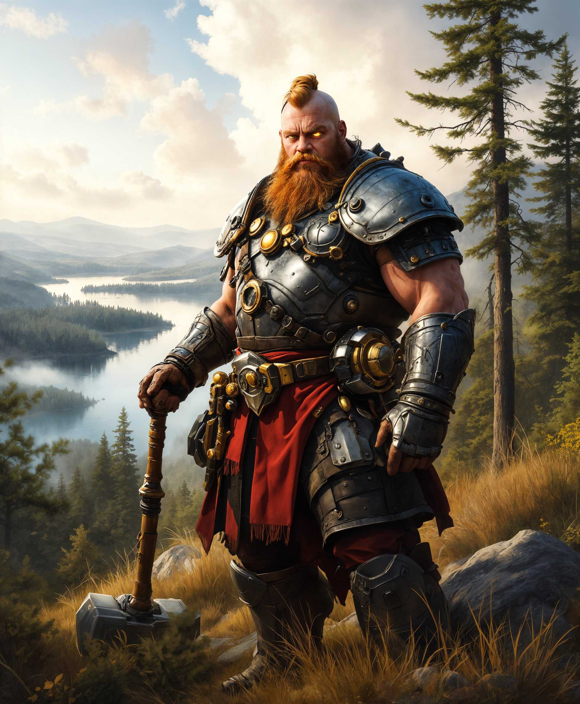 masterpiece, best quality, highres, sharp image, more detail, masterpiece, best quality, highres, sharp image, more detail, A highly detailed, full-body portrait of Torbjörn from "Overwatch," rendered in the style of a modern Swedish painter like Carl Larsson. The composition should feature Torbjörn standing in a dynamic, heroic pose with his hammer and turret, set against the backdrop of the Swedish countryside. 

**Visual Details:**
- **Torbjörn:** His skin should show the wear and tear of battle, with intricate details on his armor, including runes and mechanical components. His expression should be one of determination, with his eyes reflecting a fiery glow from his engineering work. 
- **Clothing and Armor:** The textures of his clothing should be rich, showcasing the weave of fabric, the shine of metal, and the ruggedness of leather. 
- **Background:** The Swedish landscape should be lush with pine forests, tranquil lakes, and rolling hills. The light should suggest early morning, with mist gently rising from the water, creating a serene yet slightly mysterious atmosphere.

**Style:**
- The painting should evoke the warmth and detail of Carl Larsson's work, with a focus on capturing the natural beauty of Sweden and the character's integration into this environment. 

**Composition:**
- Torbjörn should be positioned slightly to the left, looking towards the right, creating a diagonal line of sight that leads the viewer into the landscape. Use a low camera angle to enhance his imposing presence.

**Mood and Atmosphere:**
- The mood should be one of quiet strength and readiness, with the morning light casting long shadows and creating a contrast between the cool, misty landscape and the warm, mechanical elements of Torbjörn's gear. 

**Technical Aspects:**
- Employ techniques like chiaroscuro to highlight Torbjörn against the softer background, with detailed brushwork on his figure and a more impressionistic approach to the landscape. 

**Cohesion:**
- Ensure that the portrayal of Torbjörn blends seamlessly with the natural beauty of Sweden, creating a harmonious scene where technology and nature coexist in a balance of strength and serenity.