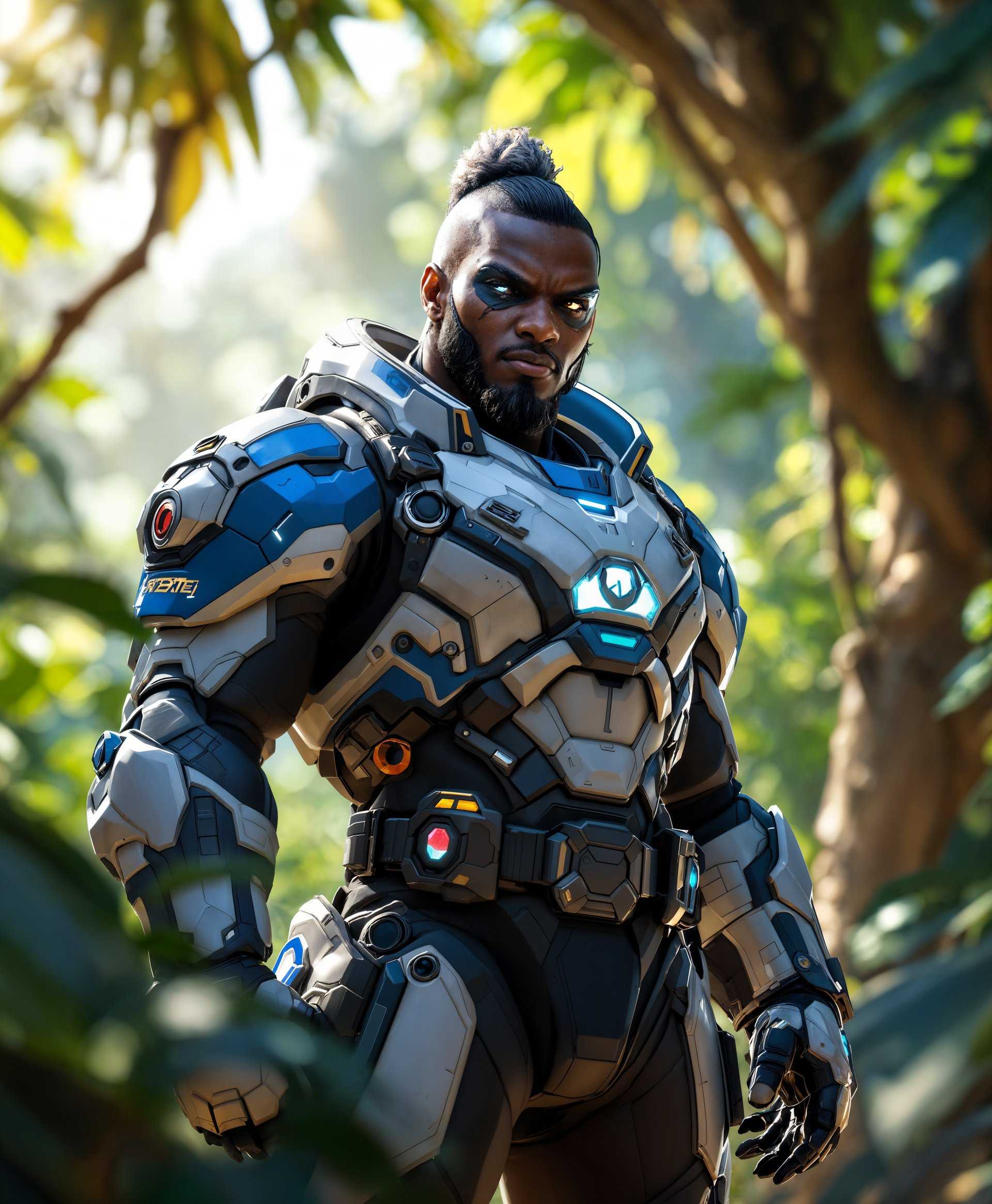 masterpiece, best quality, highres, sharp image, more detail, masterpiece, best quality, highres, sharp image, more detail, A highly detailed full body portrait of **Baptiste** from the game "Overwatch," showcasing:

- **Subject**: Baptiste, with his tactical gear, cybernetic enhancements, and distinctive blue and white color scheme, embodying a blend of futuristic technology and Caribbean heritage.

- **Visual Details**: 
  - **Textures**: The tactile quality of his combat suit, the reflective sheen of his visor, and the rough texture of his gloves. 
  - **Colors**: Vibrant blues and whites of his attire, contrasted with the natural greens, browns, and yellows of the Haitian landscape.
  - **Lighting**: Soft, natural sunlight filtering through the dense foliage, casting dappled light and shadow over Baptiste, highlighting his features and gear with a realistic glow.

- **Style**: 
  - **Artistic Style**: A fusion of hyper-realistic character rendering with an impressionistic background, capturing the essence of Haiti's vibrant culture and natural beauty.
  - **Photography Technique**: High dynamic range (HDR) photography to emphasize the contrast between the character and the environment.

- **Composition**: 
  - **Layout**: Baptiste is centrally positioned, standing tall with a confident posture, his gaze slightly off-camera as if he's alert and ready for action. 
  - **Camera Angle**: Low angle shot to emphasize his heroic stature and command over the scene.
  - **Framing**: A rule of thirds composition with Baptiste at the intersection, surrounded by the lush, untamed wilderness of Haiti.

- **Mood and Atmosphere**: 
  - **Feeling**: A sense of calm yet readiness, reflecting Baptiste's character as both a healer and a fighter.
  - **Time of Day**: Late afternoon, with the sun beginning to set, casting long shadows and a warm, golden light over the scene.
  - **Weather Conditions**: Clear skies with a gentle breeze rustling the leaves, suggesting tranquility and peace in a land often troubled.

- **Technical Aspects**: 
  - **Depth of Field**: Shallow depth of field focusing on Baptiste, with the background slightly blurred to separate him from his surroundings yet still allowing for identifiable elements of Haiti.
  - **Lighting Techniques**: Use of rim lighting to outline Baptiste's silhouette against the darker foliage, enhancing his presence.

- **Cohesion**: The scene is designed to integrate Baptiste seamlessly into a natural Haitian setting, creating a harmonious blend of futuristic technology with traditional Haitian culture, where each element supports the others to tell a story of resilience and hope