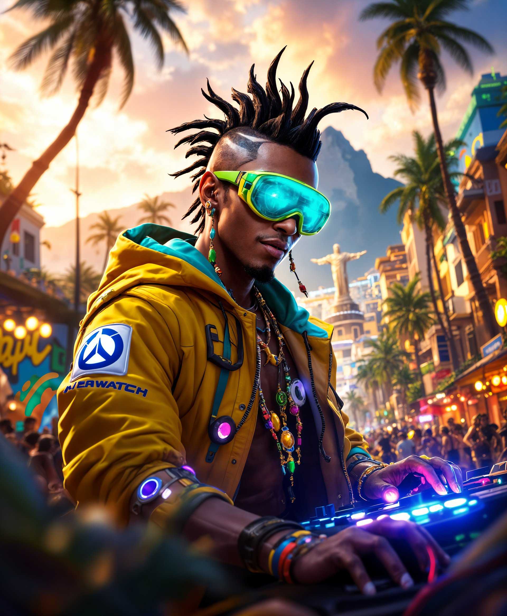 masterpiece, best quality, highres, sharp image, more detail, masterpiece, best quality, highres, sharp image, more detail, Create a highly detailed full-body portrait of **Lucio**, the vibrant DJ from "Overwatch," set against the **dynamic and colorful backdrop of Brazil**. 

**Visual Details:**
- **Lucio** should be depicted with his signature sonic amplifier, his face illuminated by the pulsating lights of his music gear, capturing his energetic and charismatic essence. His outfit should include his iconic green visor, vibrant yellow jacket, and the blue armband with the Overwatch logo. His hair should be styled in his characteristic frohawk, with beads and colors reflecting Brazilian culture.
- **Background**: The scene unfolds in Rio de Janeiro during **Carnival**, with the streets alive with samba dancers, elaborate floats, and the **Sambadrome** in the distance. The environment should burst with colors, featuring street art murals, palm trees, and the iconic Christ the Redeemer statue faintly visible in the background, bathed in the golden hour light.

**Style:**
- The image should adopt a **hyper-realistic** style with a touch of **vibrancy** to capture the lively spirit of Brazil and the futuristic technology of Lucio's gear. Use **chiaroscuro** lighting to highlight Lucio against the festive yet chaotic backdrop.

**Composition:**
- Lucio should be **centrally positioned** with a **dynamic pose**, perhaps mid-dance or mid-performance, with his body angled to show movement and energy. The camera angle should be **slightly low** to give him a heroic stature, with the background elements framing him, leading the eye towards him.

**Mood and Atmosphere:**
- The mood is **festive, energetic**, and **futuristic**. The atmosphere should be **electric**, with the air filled with the sounds of samba, the crowd's cheers, and Lucio's music. The lighting should mimic the sunset, casting warm, vibrant hues across the scene, with neon lights and LED screens adding to the modern, technological vibe.

**Technical Aspects:**
- Utilize **depth of field** to focus on Lucio while allowing the background to blur slightly, creating a sense of depth. Employ **high dynamic range (HDR)** to capture the range of colors and light from the bright carnival to the darker shadows. Use **motion blur** for any moving elements to emphasize the lively atmosphere.

**Cohesion:**
- Ensure all elements - Lucio's futuristic gear, the Brazilian Carnival setting, and the dynamic lighting - work together to create a scene that feels both **authentic** to the Overwatch universe and **immersive** in its cultural representation.
