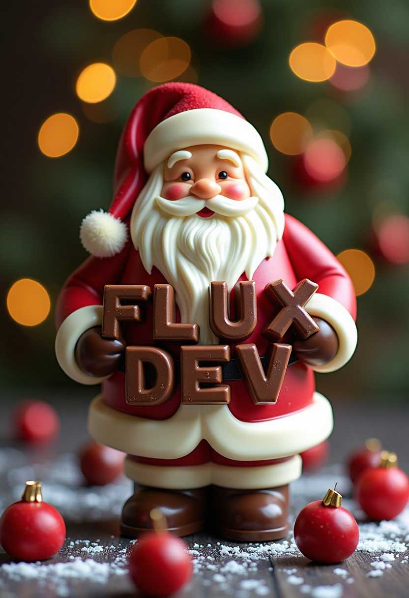 chocolate santa spelling out the words "FLUX DEV", tasty, food photography, dynamic shot