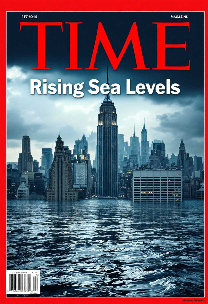 cover of a time magazine with the city of New York under 100 feet of water from rising sea levels. The words title of the Time magazine is  "Rising Sea Levels"