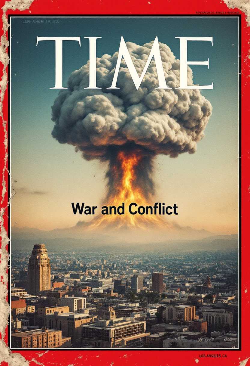 cover of a Time magazine with city of Los Angeles, CA landscape, atomic cloud signifies a shift in the landscape, dirty and hot The words title of the magazine is  "War and Conflict". The magazine is burt around the edges