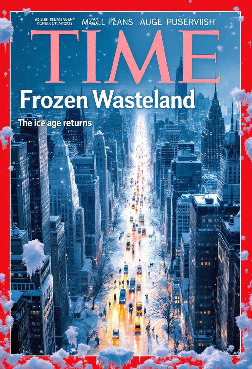 cover of a time magazine with the New York City in an ice age, covered in ice and snow. The words title of the magazine is "Frozen Wasteland" "The ice age returns". The magazine is frozen in ice